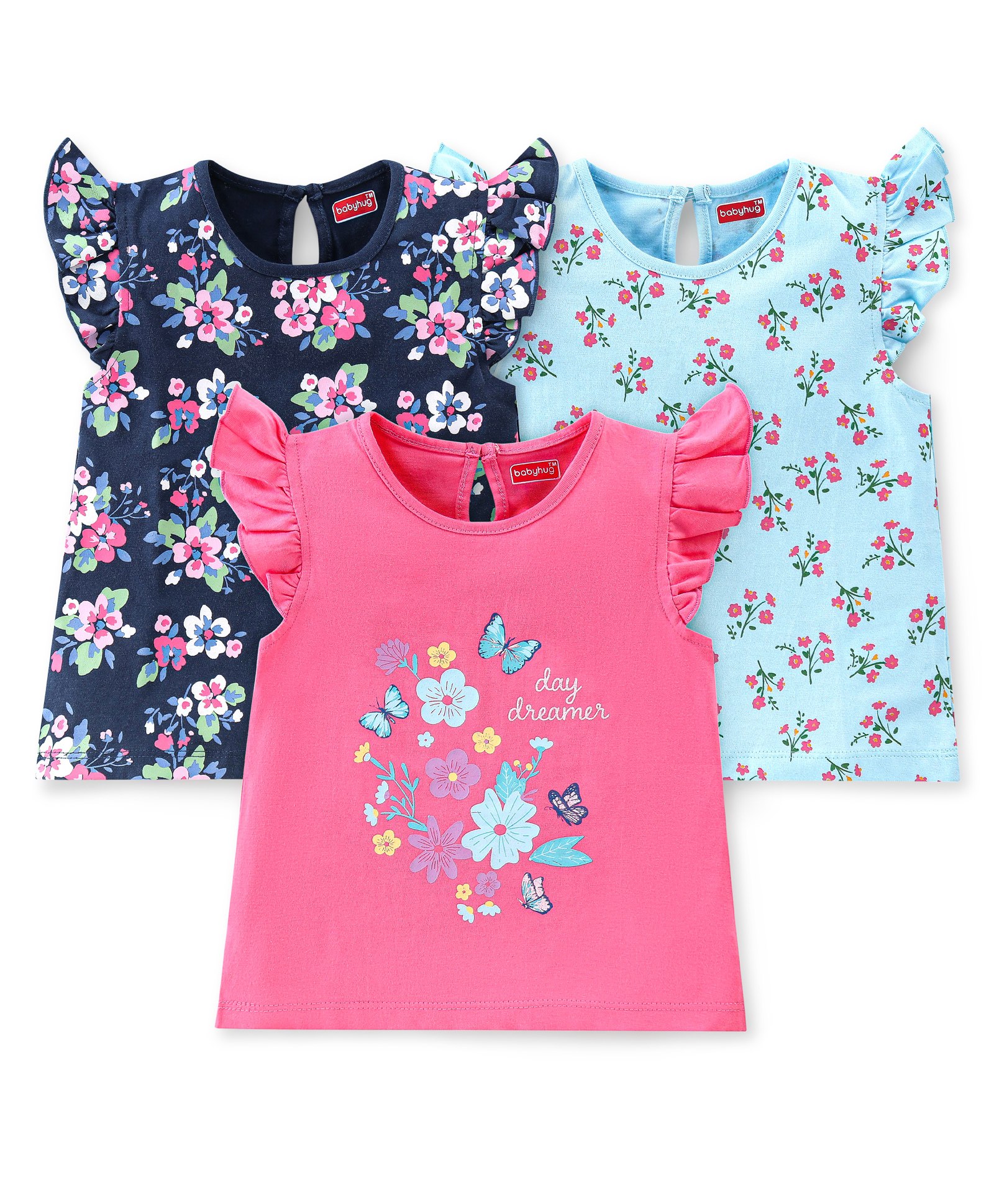Babyhug Cotton Knit Frill Sleeves Floral Printed T-Shirts Pack of 3 - Pink Blue & Turquoise-image-26