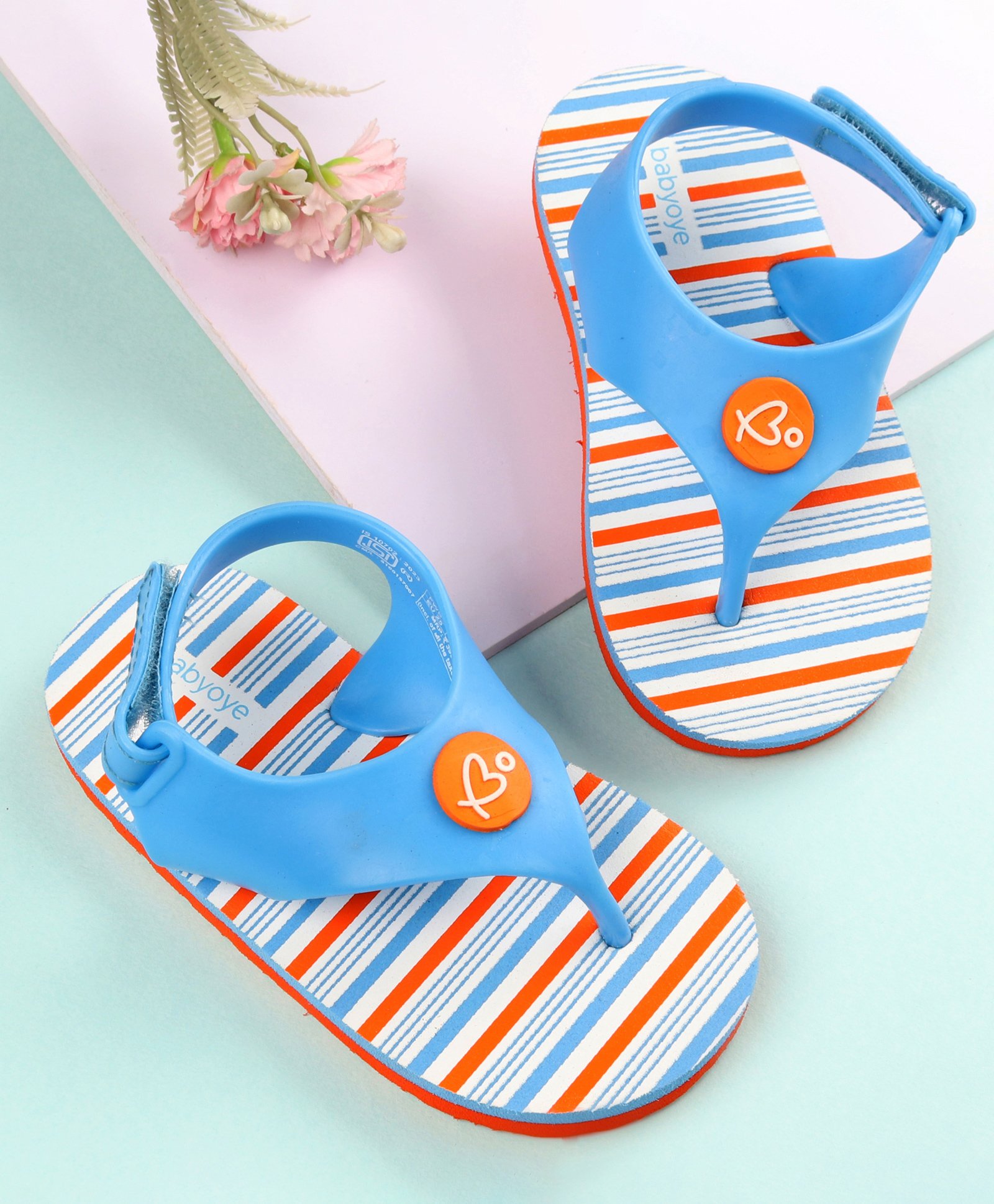 Babyoye Striped Flip Flops with Velcro Closure - Blue-image-5