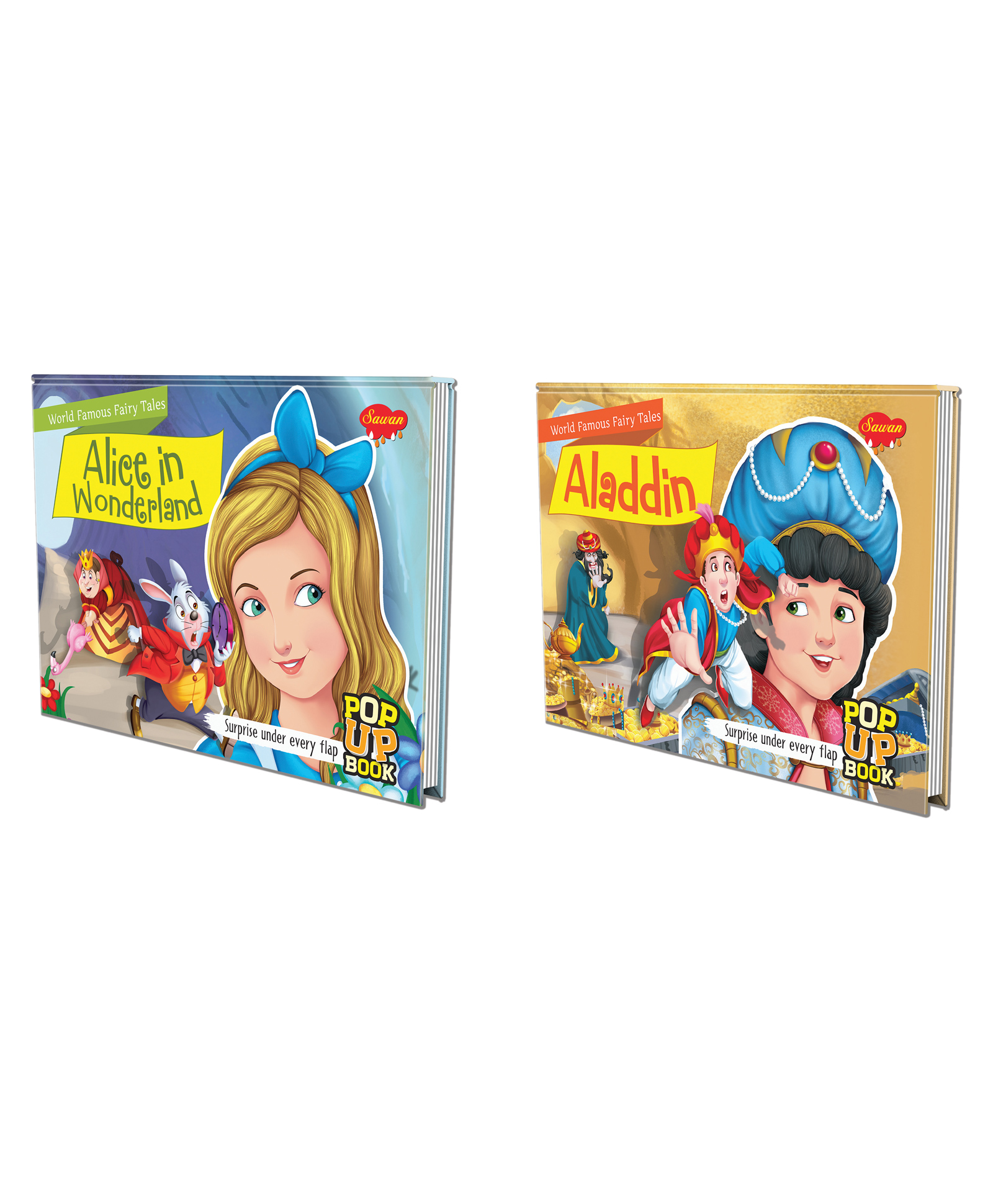 Set of 2 POP UP Books World Famous Fairy Tales Aladdin and Alice in Wonderland Mythical Tales and Enchanted Stories Books - English-image-0