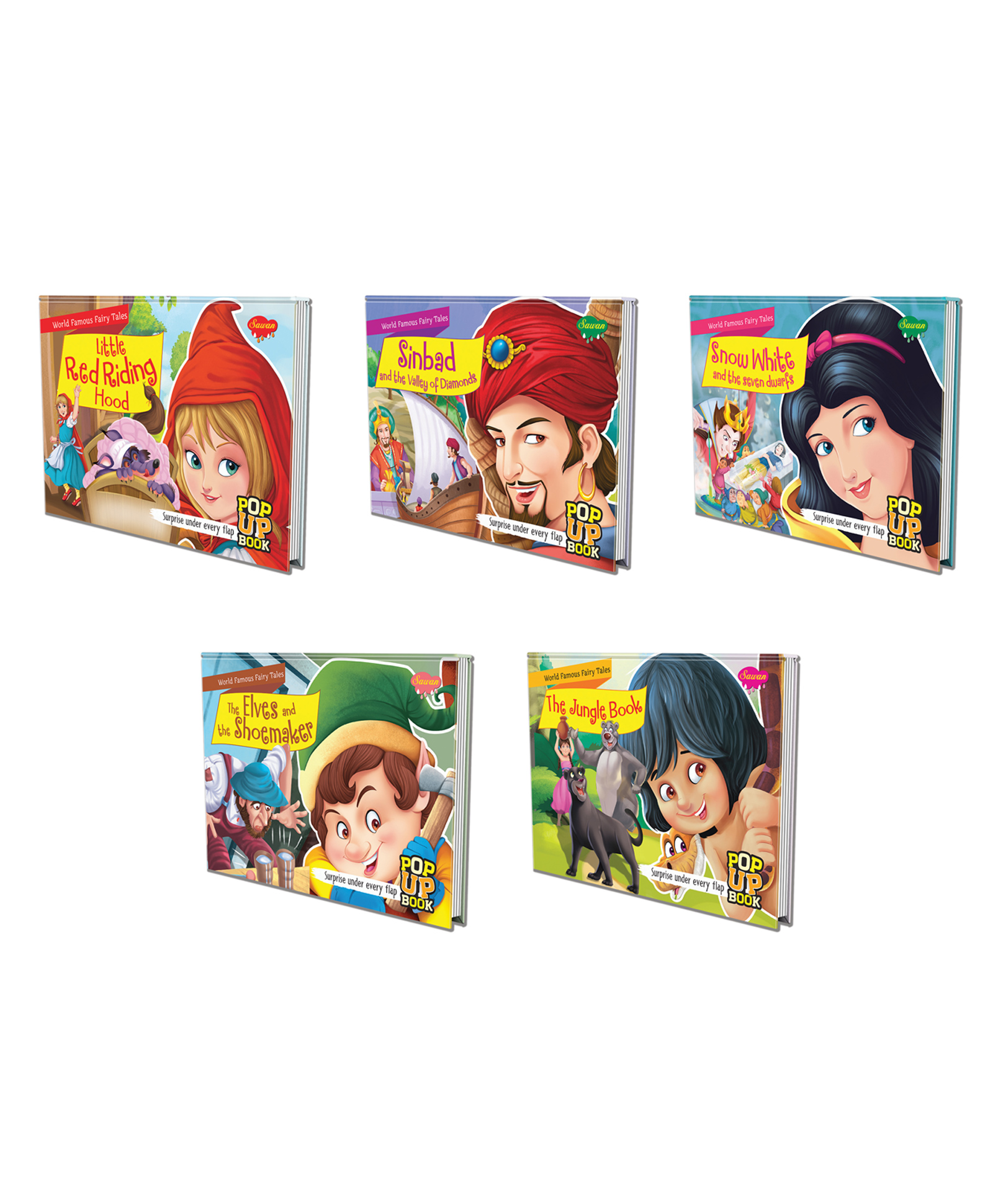 sawan Set of 5 POP UP books World Famous Fairy Tales Little Red Riding Hood Sinbad and the Valley of Diamonds Snow White and the Seven Dwarfs The Elves and the Shoemaker and The Jungle Book Discover the Charm of Five Fairy Tales Pop up Books - English-picture-14