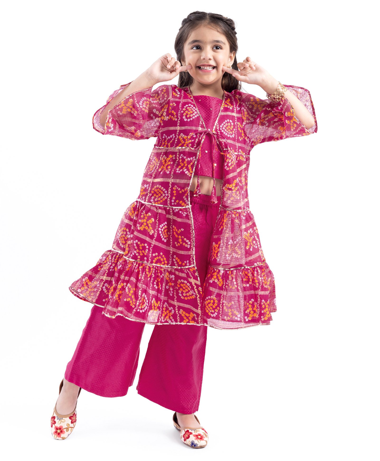 Babyhug WovenEmbroidered Top & Palazzo with Three Fourth Sleeves Printed Jacket - Fuschia Pink-image-11