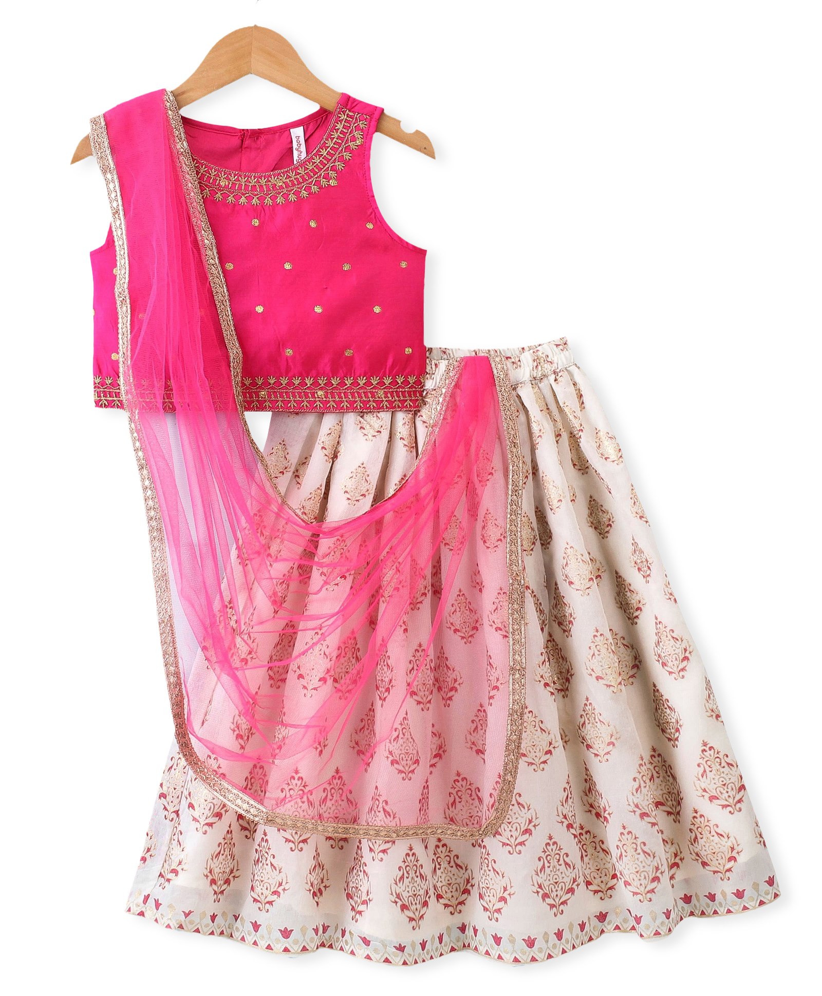 Babyhug Woven Sleeveless Embroidered Choli With Foil Printed Lehenga & Dupatta Set - White & Pink-image-5