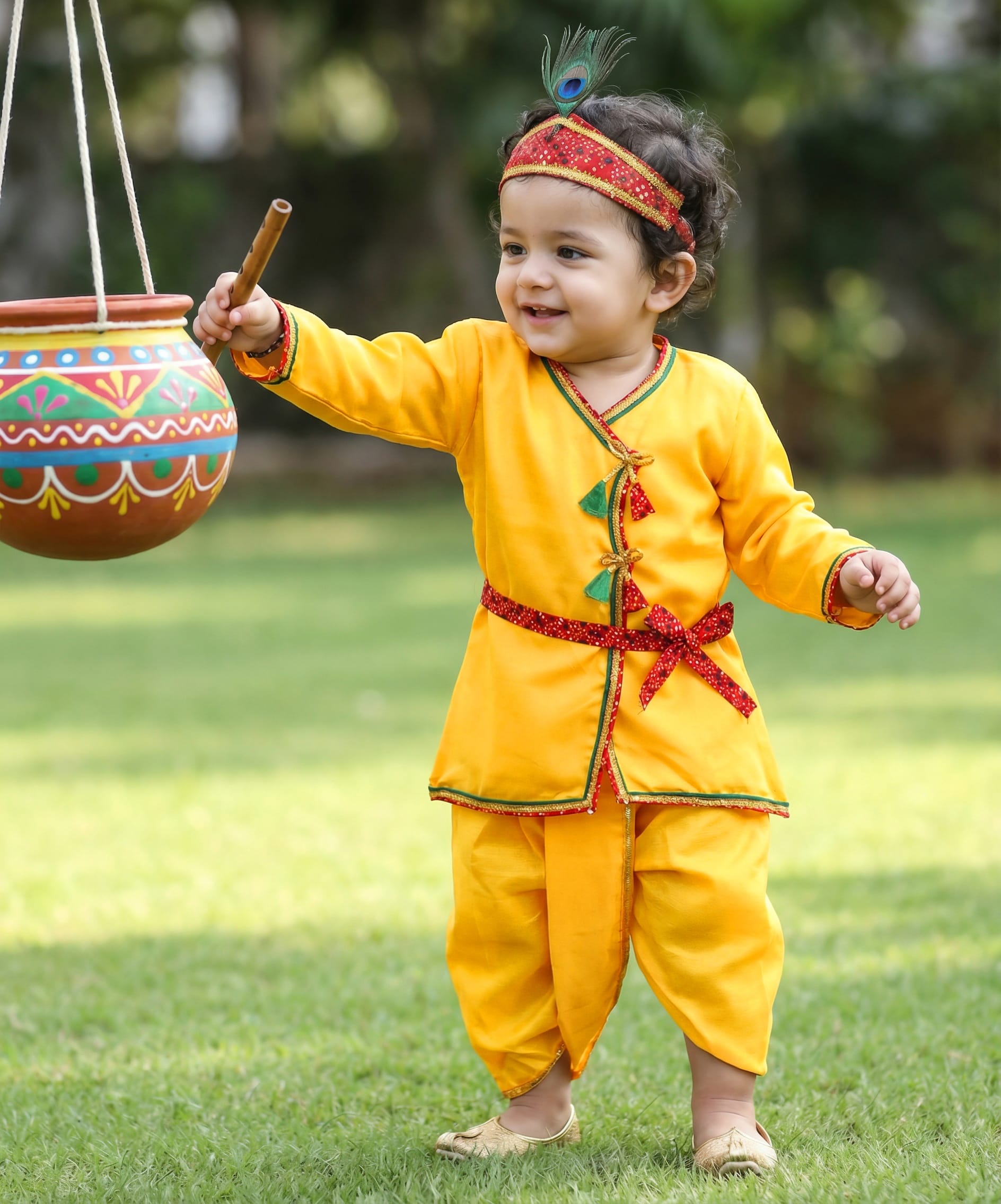 Babyhug Woven Full Sleeves Jamna Set with Forehead Cap & Waistband- Yellow