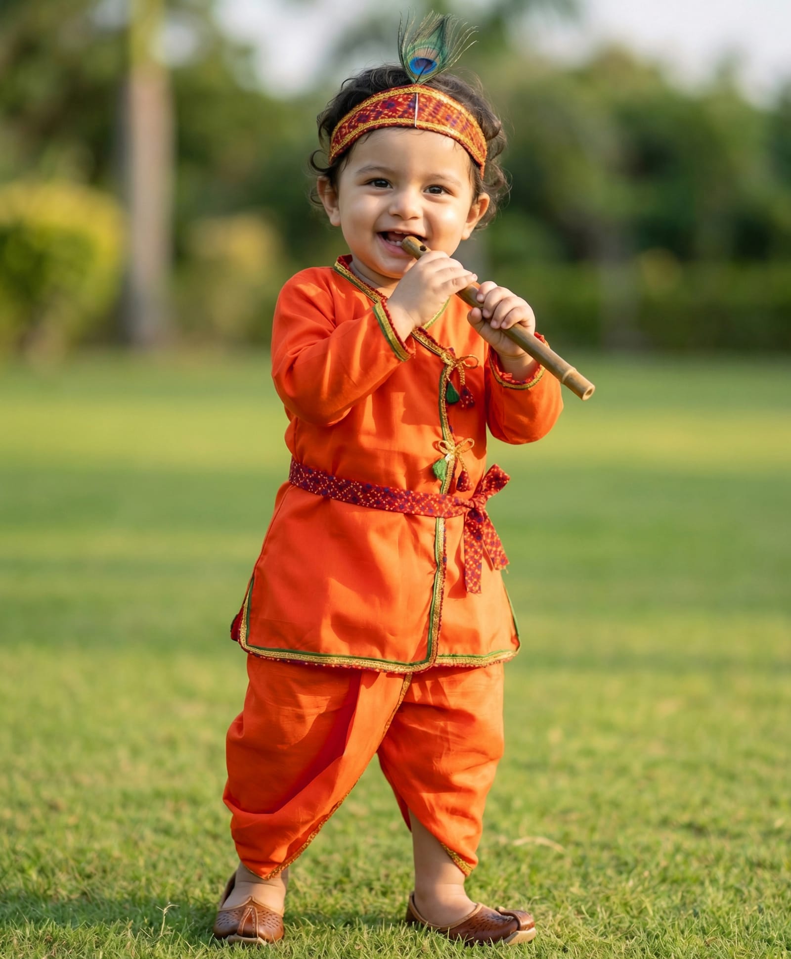 Babyhug Woven Full Sleeves Jamna Set with Forehead Cap & Waistband- Orange