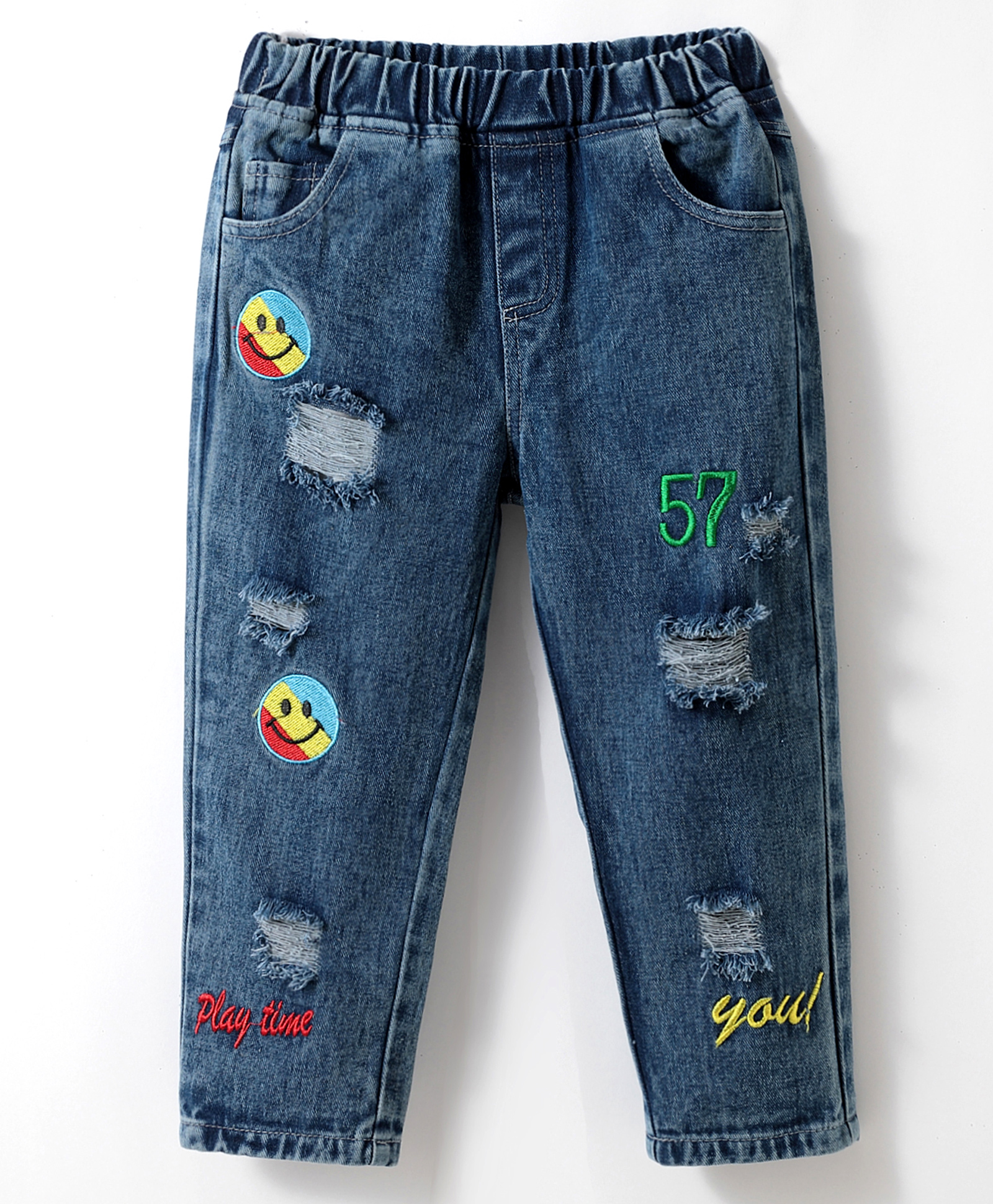 Kookie Kids Full Length Jeans with Smiley Embroidered - Blue-picture-24