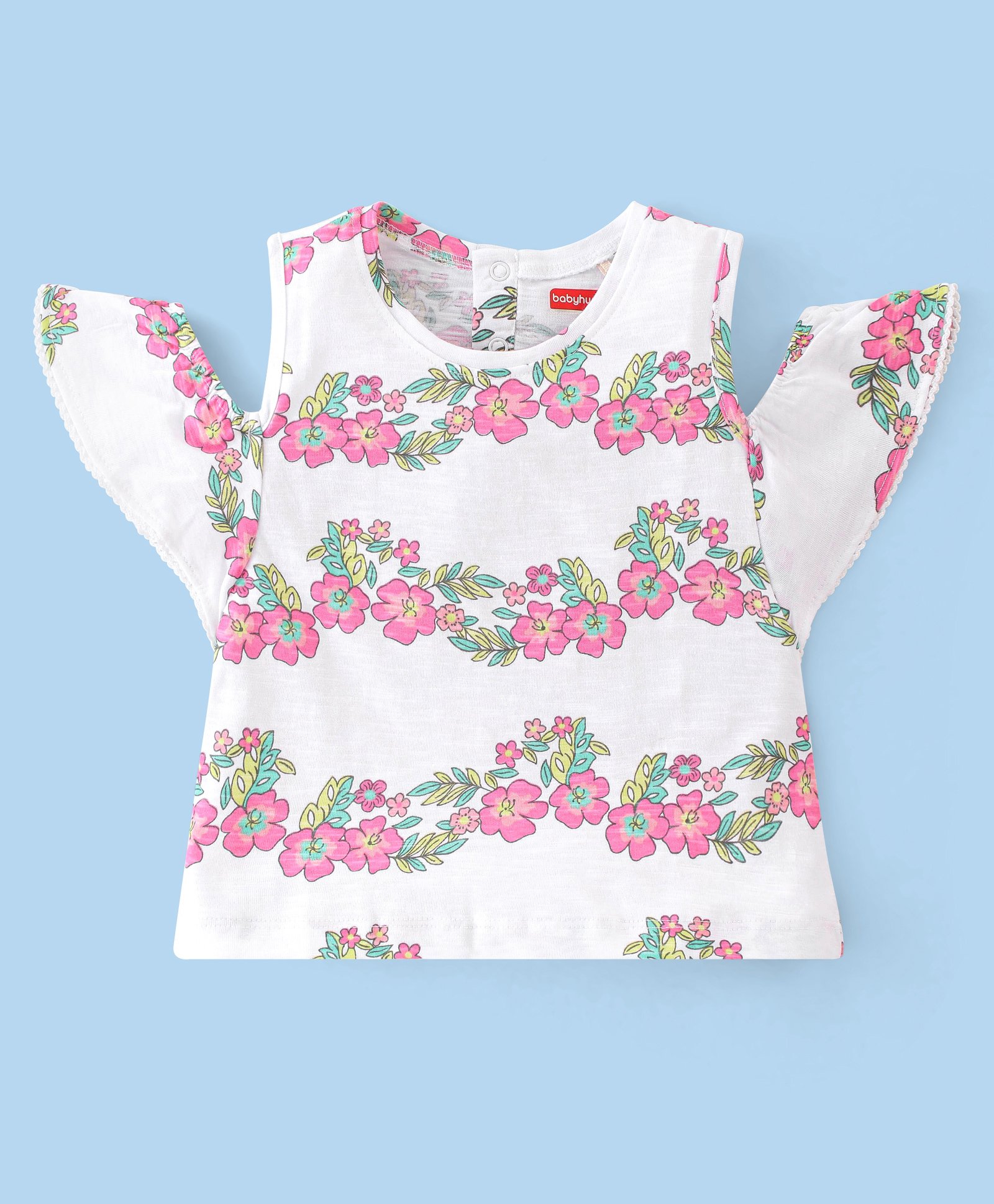 Babyhug Cotton Cold Shoulder Half Sleeves Top Floral Print - White-image-48