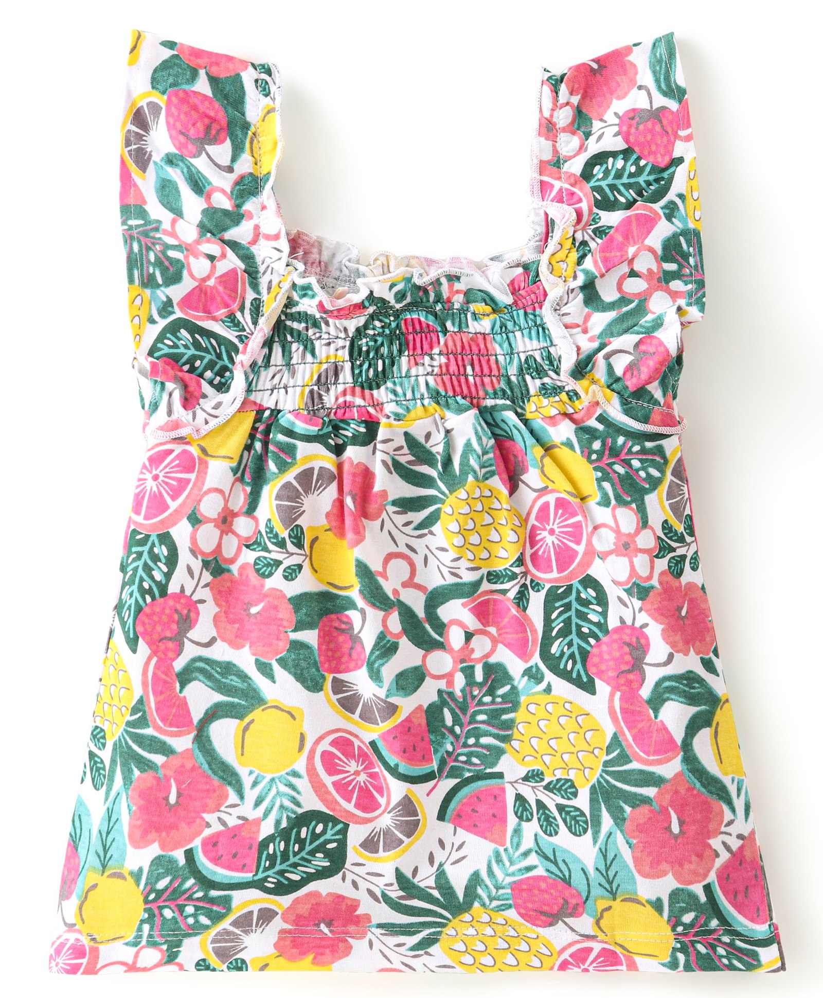 Babyhug 100% Cotton Knit Frill Sleeve Top with Floral Print & Smocking Detailing  -Multicolour-picture-24