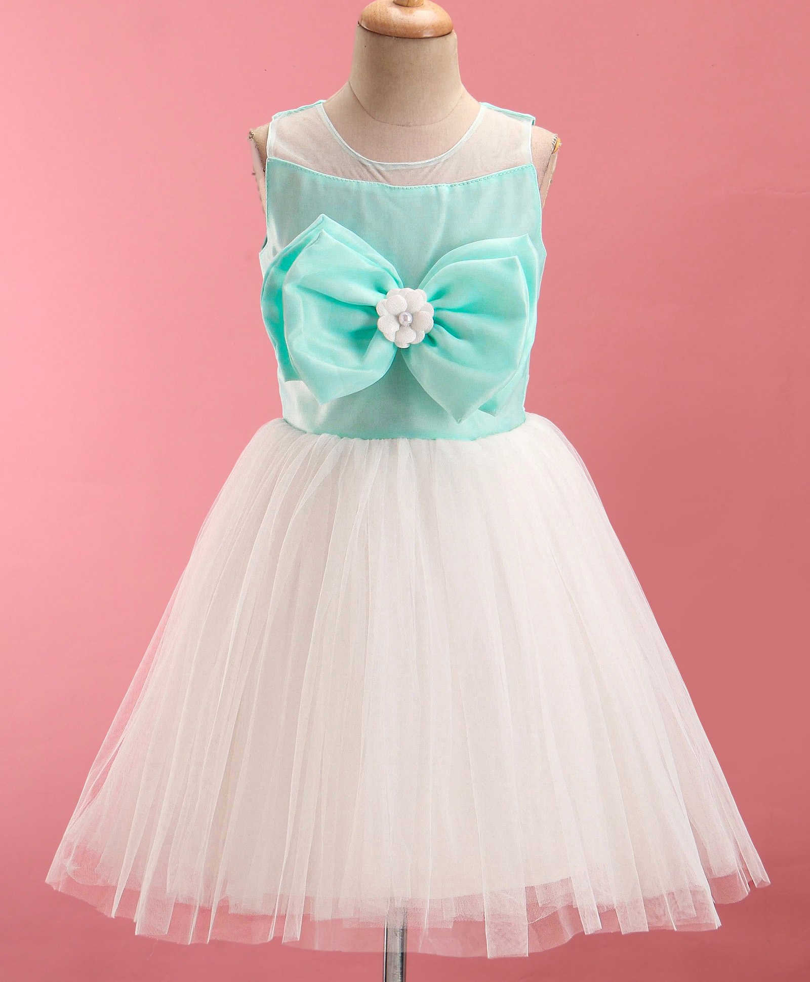 Bluebell  Satin Woven Sleeveless Party Frock Solid Colour with Bow Applique - Green & White-image-46