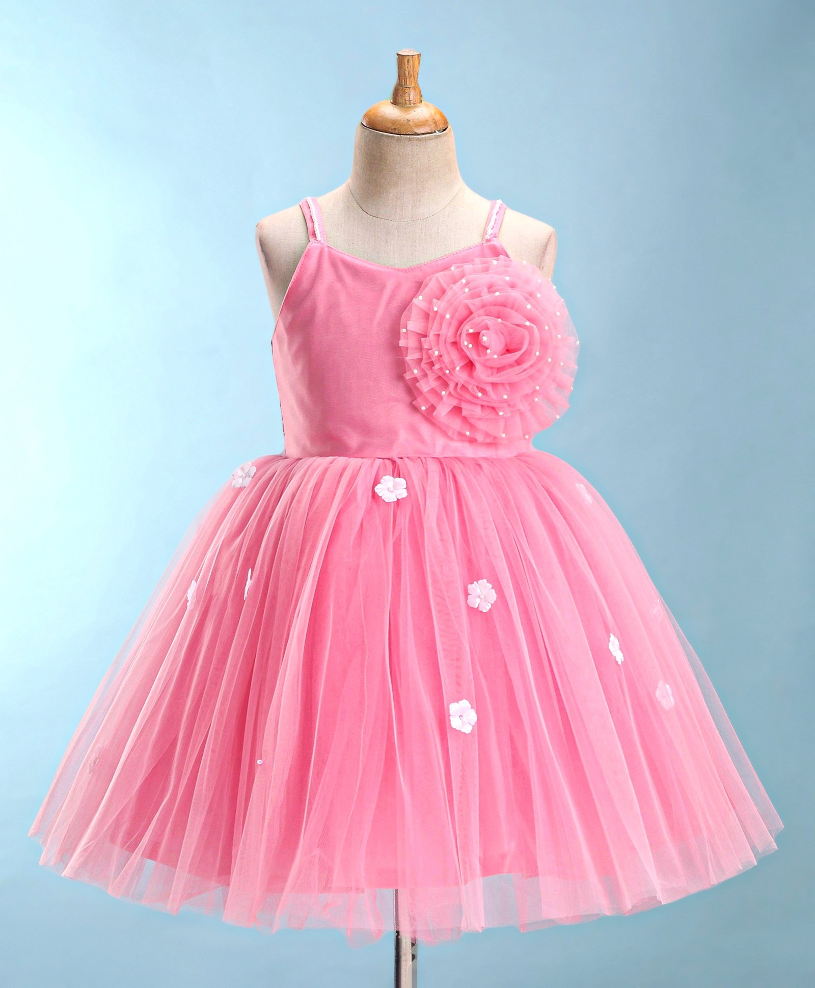 Bluebell Net Sleeveless Singlet   Party Frock with Floral Applique - Pink-picture-11