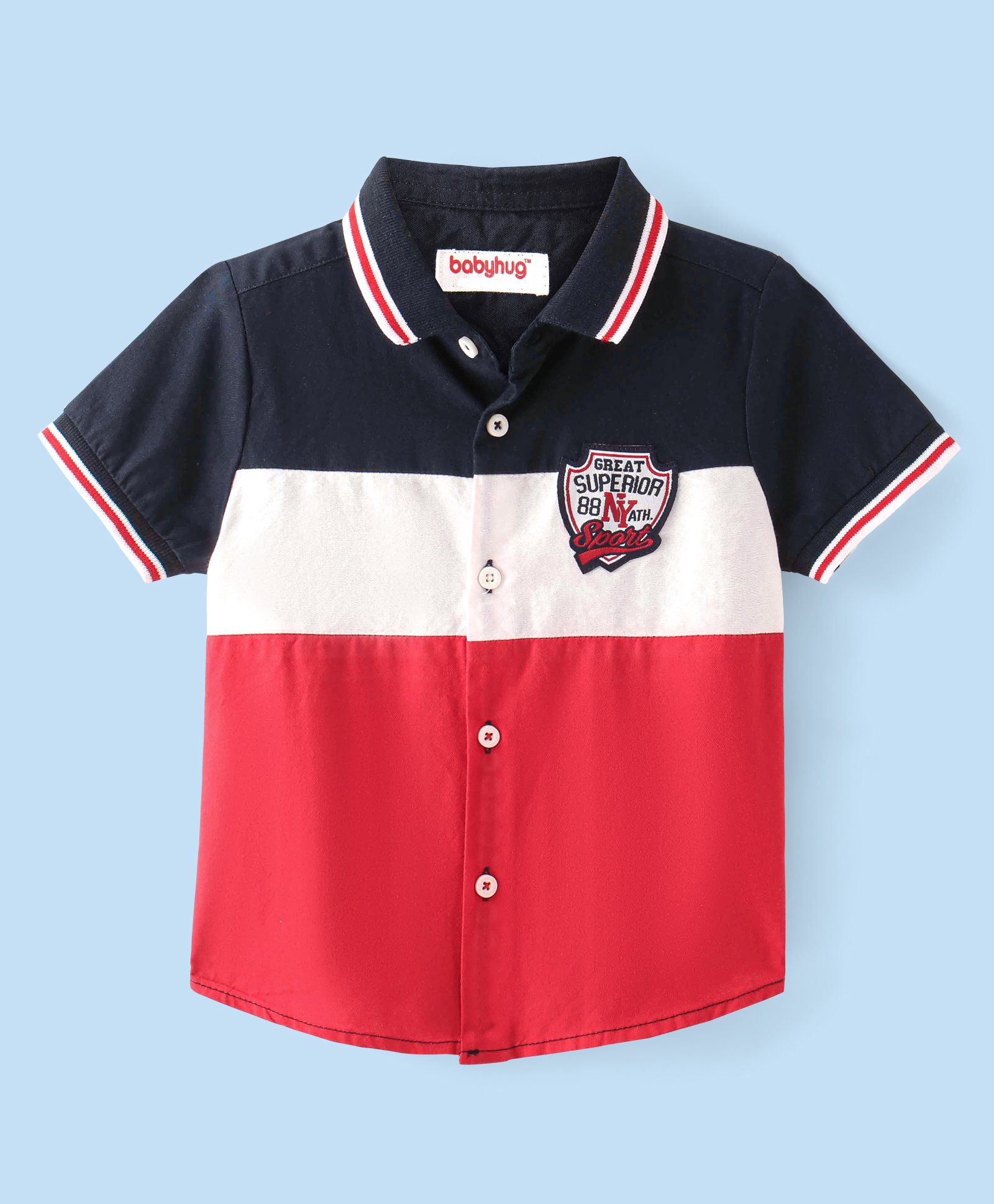 Babyhug Cotton Woven Half Sleeves Front Cut & Sew Pannel RIB Collar  Shirt with Badge Applique - Red White & Navy-image-43