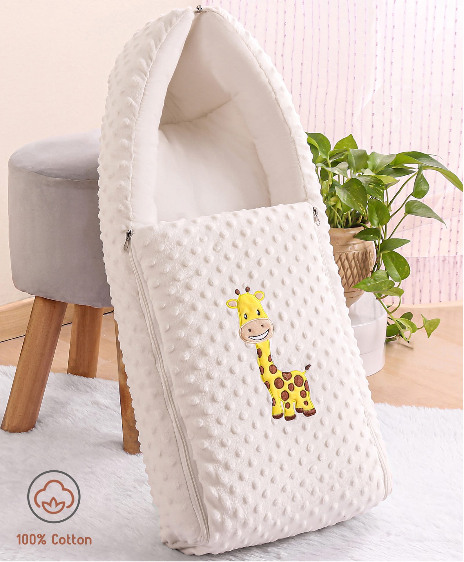 Babyhug 3 in 1 Bubble Embroidered Carry Nest Cum Sleeping Bag Giraffe Applique- White