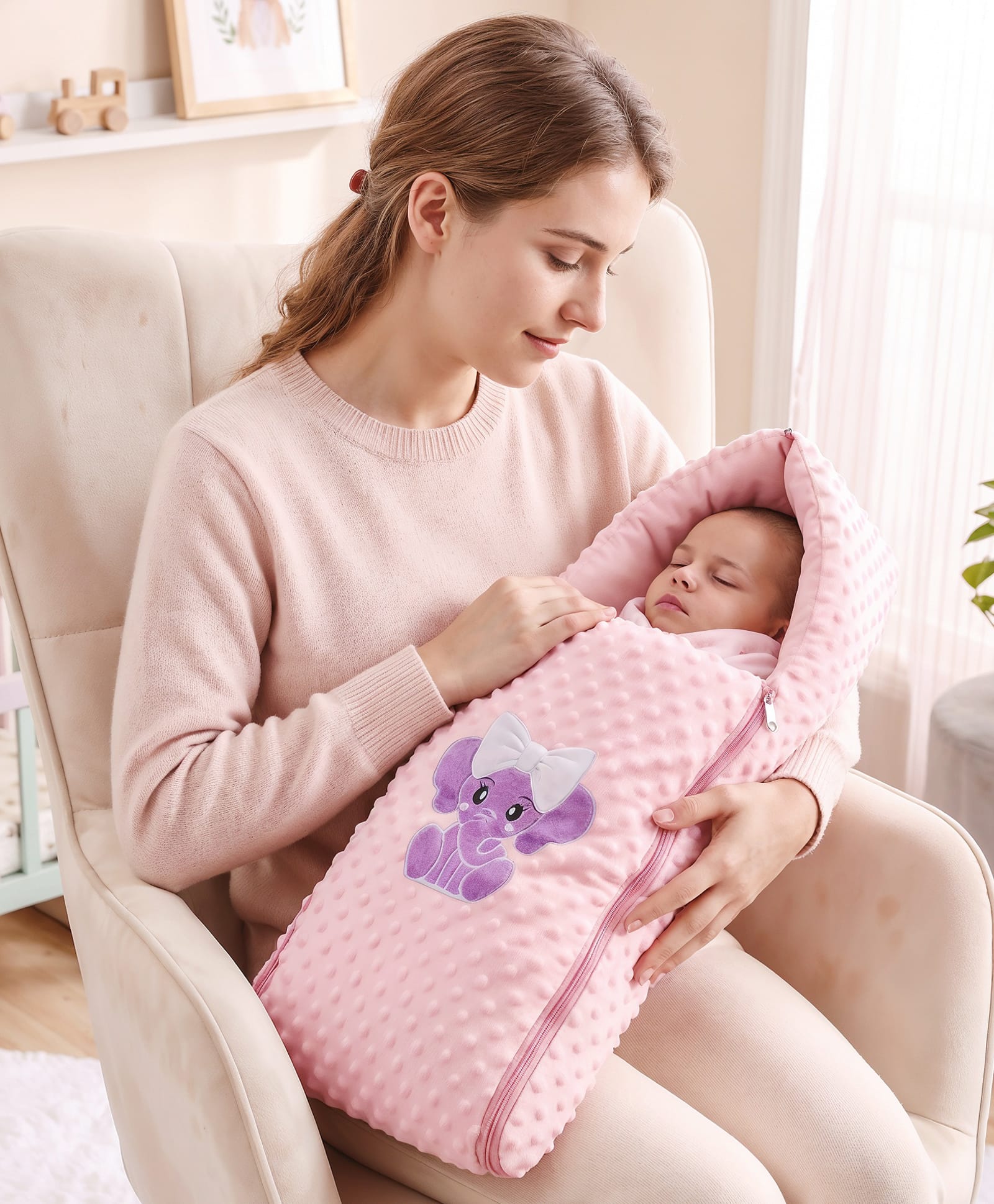 Babyhug 3 in 1 Bubble Embroidered Carry Nest Cum Sleeping Bag Elephant Applique- Pink-image-5