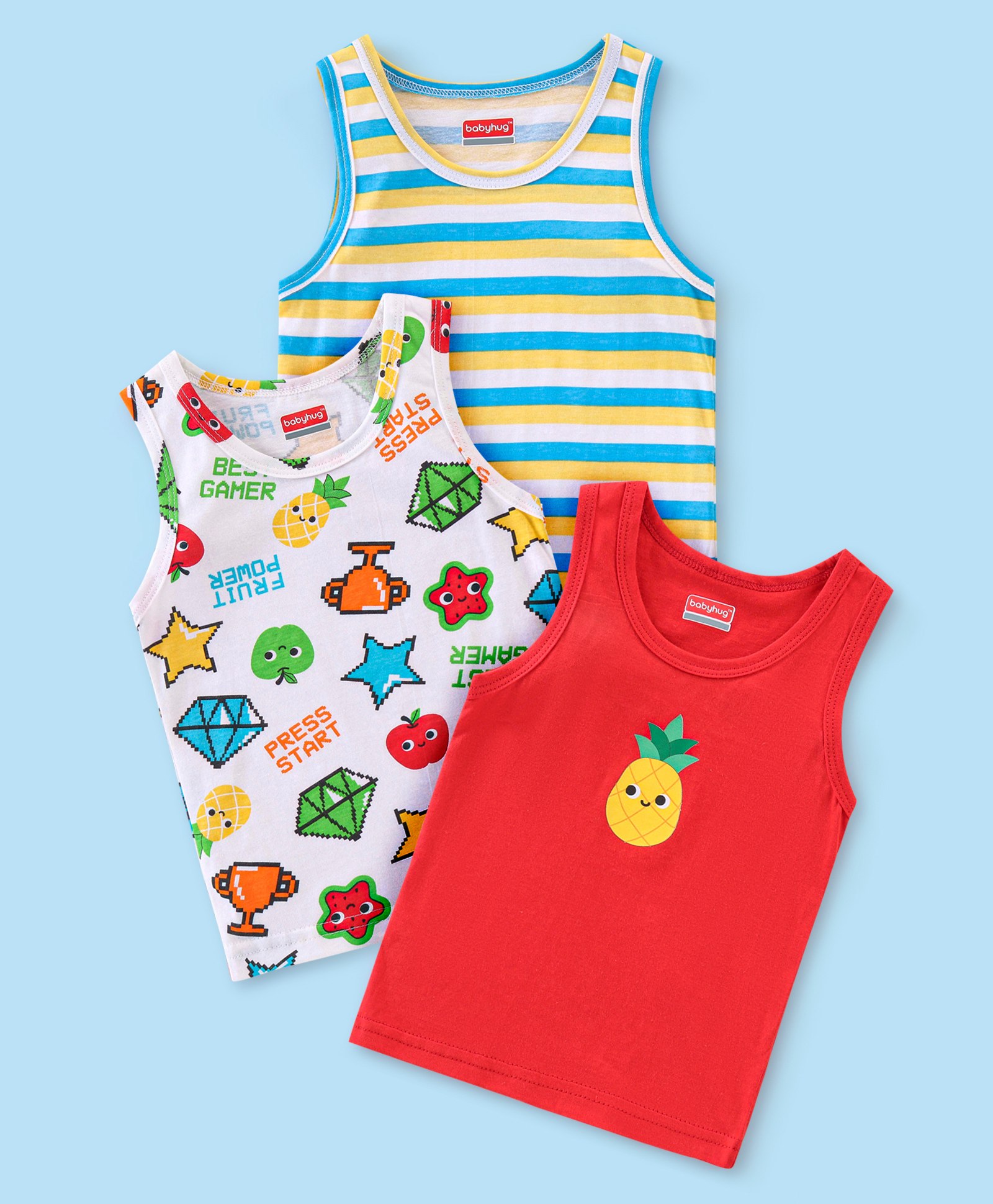 Babyhug 100% Cotton Sleeveless Striped Sando Trophy Print Pack of 3 - Multicolour-image-1