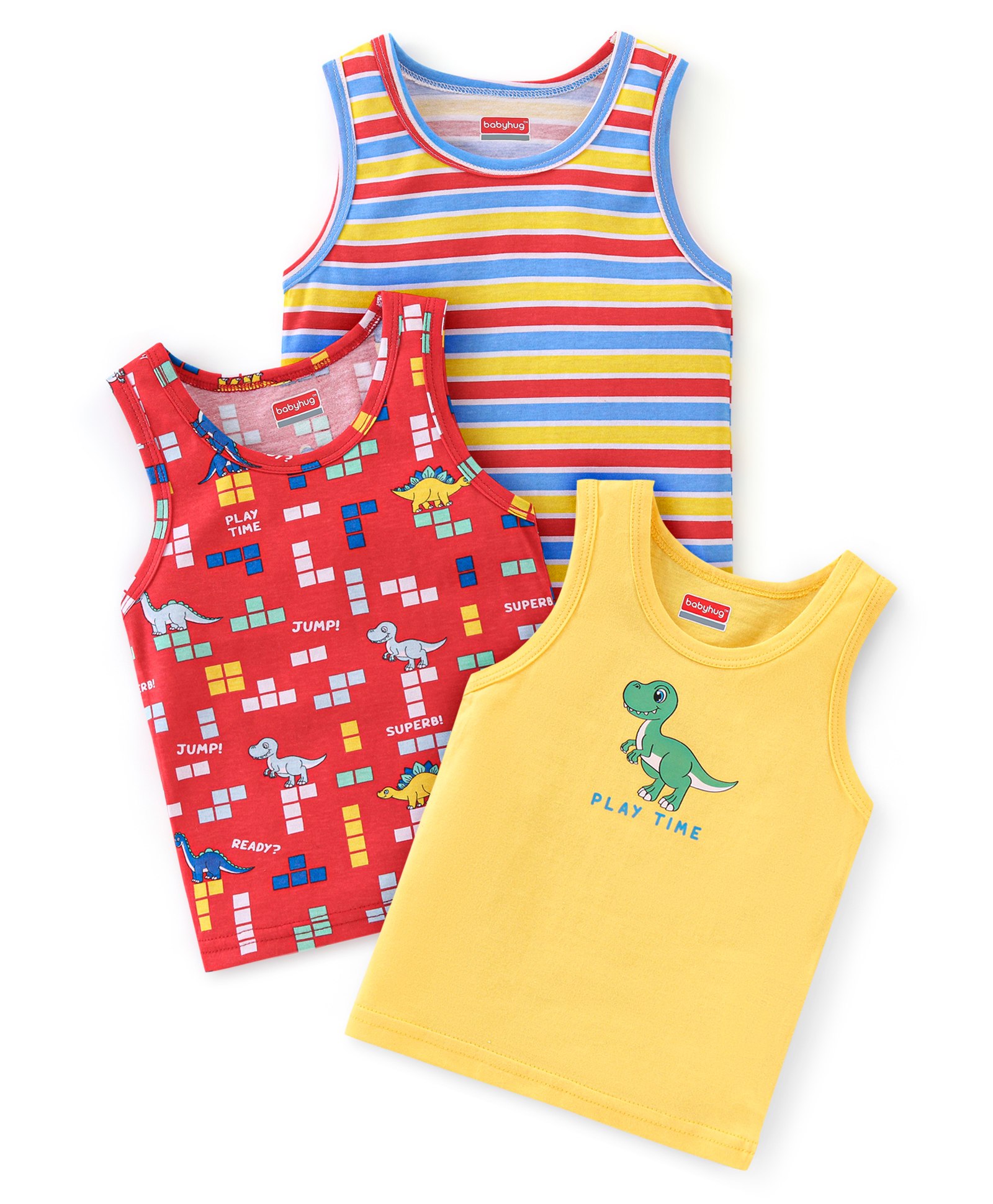 Babyhug 100% Cotton Sleeveless Sando Striped & Dino Print Pack of 3 - Multicolour-picture-25