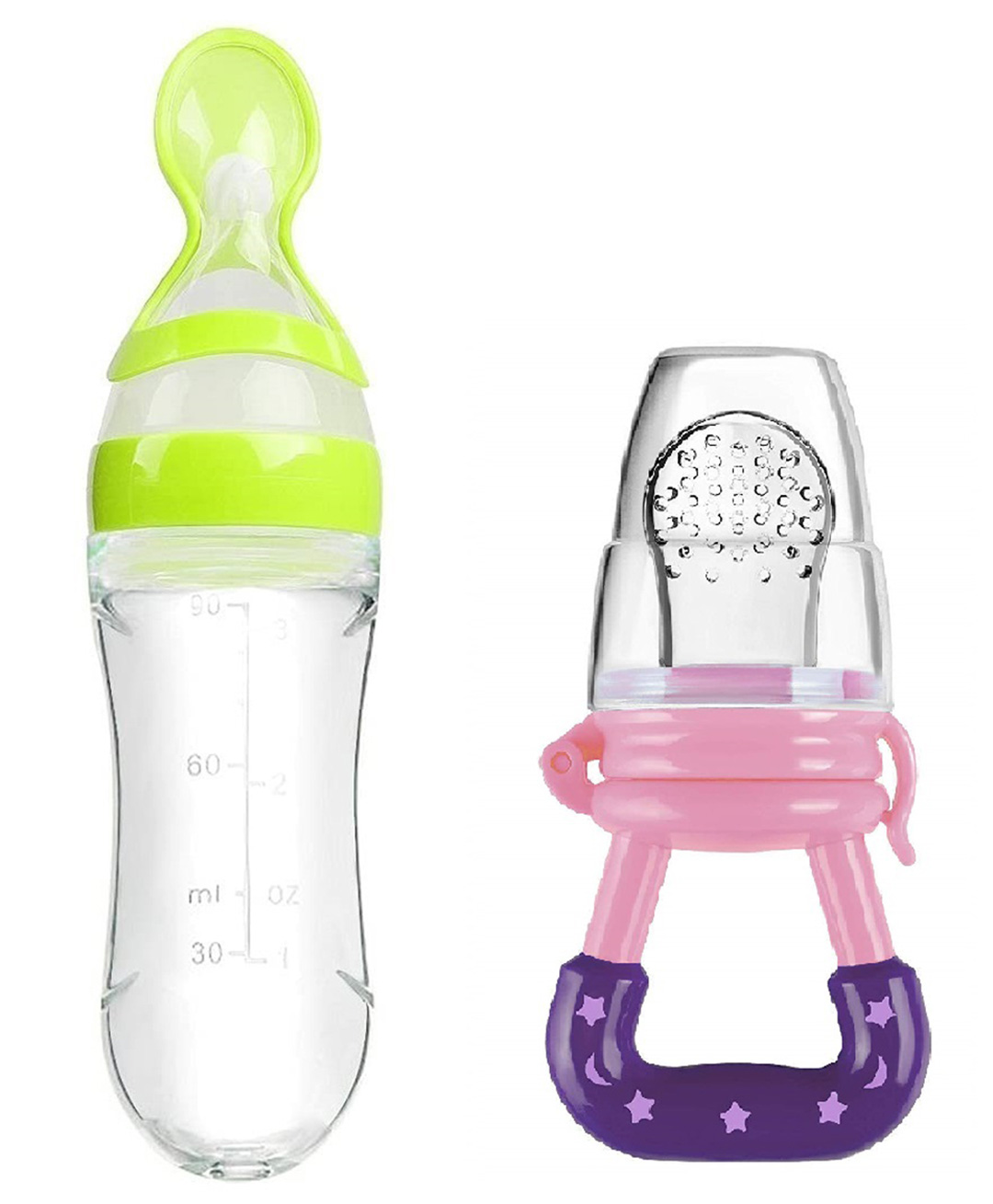 Enorme Silicone Easy Squeezy Spoon Food Feeder with Silicone Fruit and Food Nibbler Pacifier for Babies