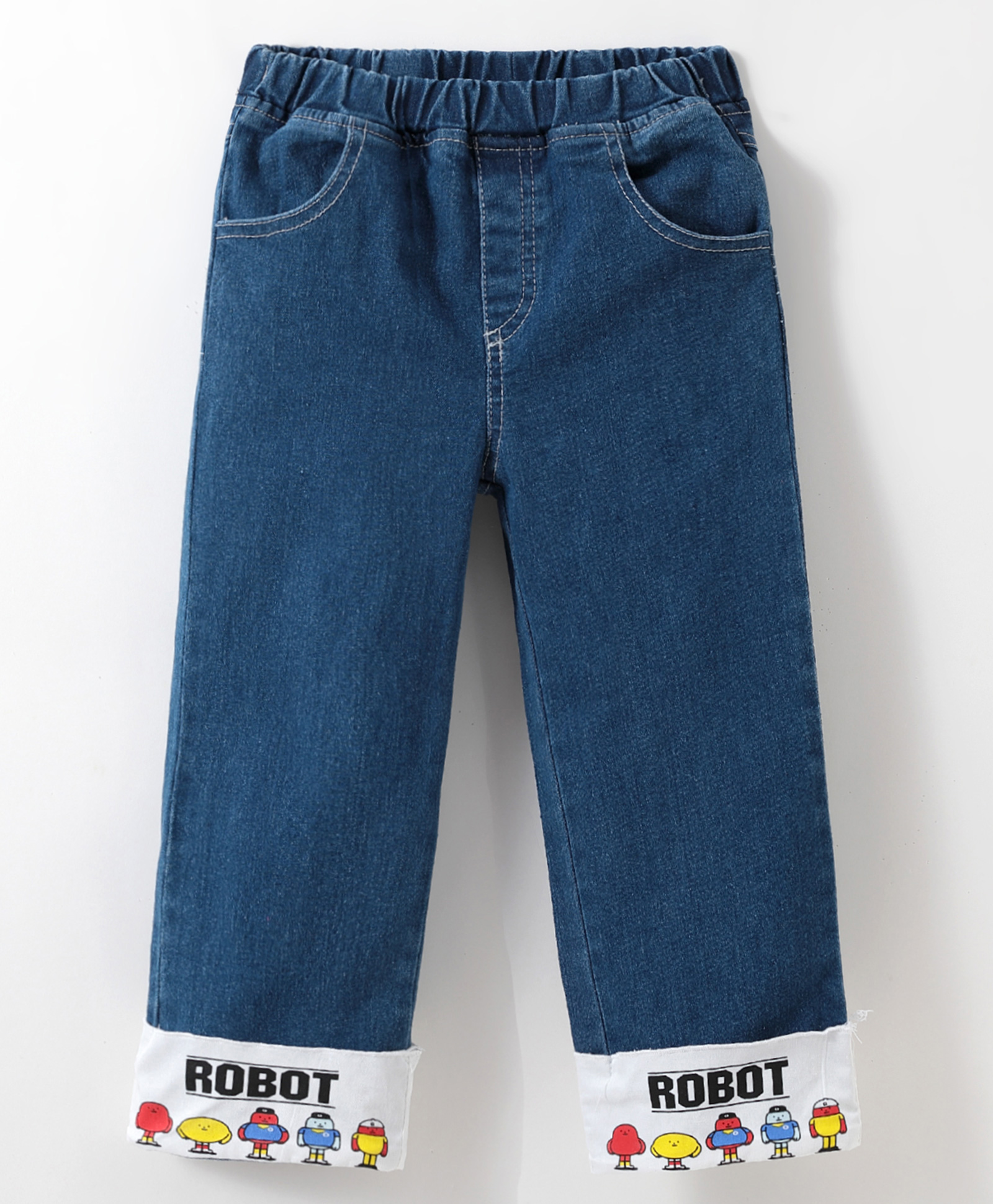 Kookie Kids Full Length Washed Denim Jeans with Robot Print - Blue-picture-10