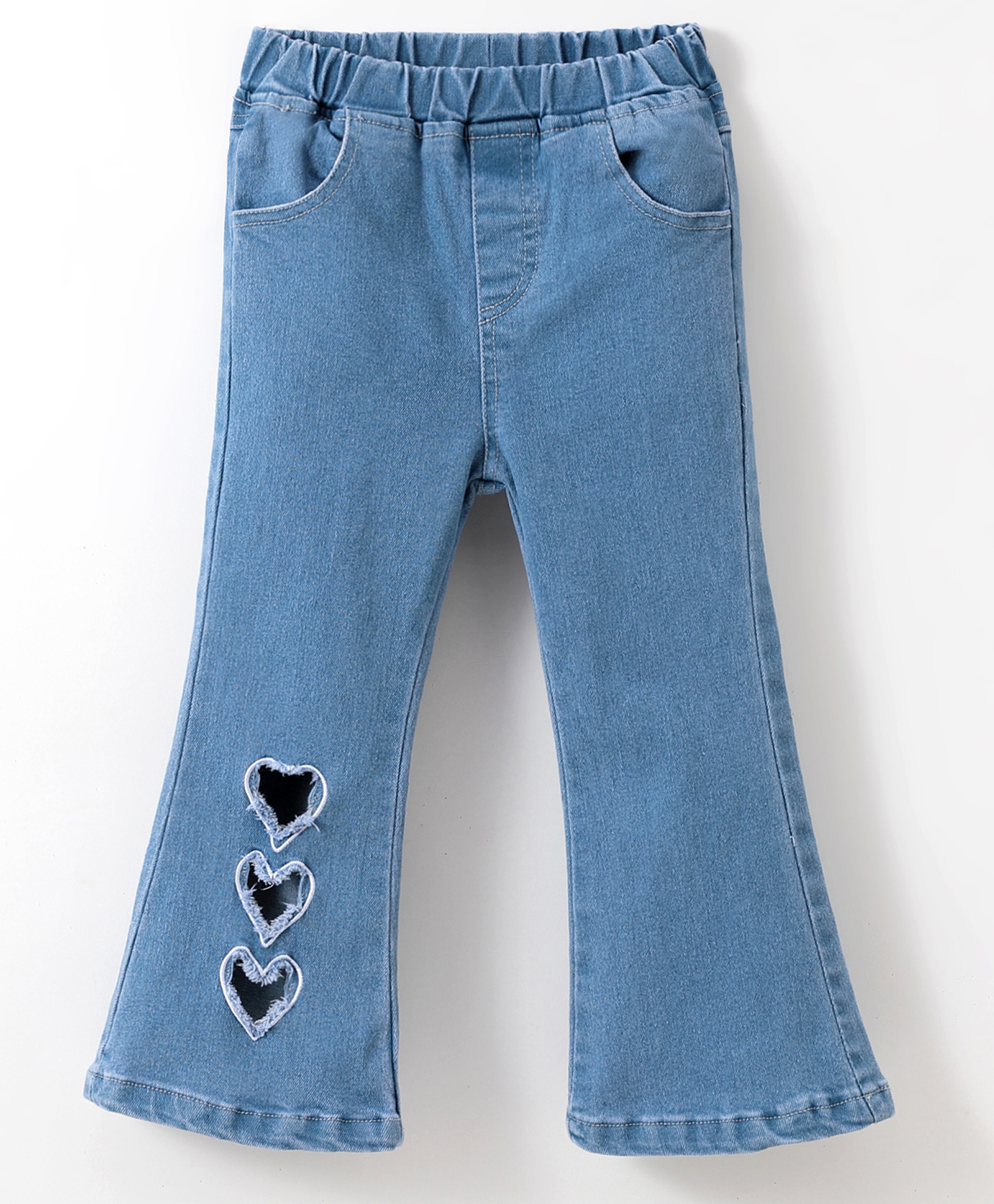Kookie Kids Denim Full Length Washed Jeans with Heart Embroidered - Blue-picture-13