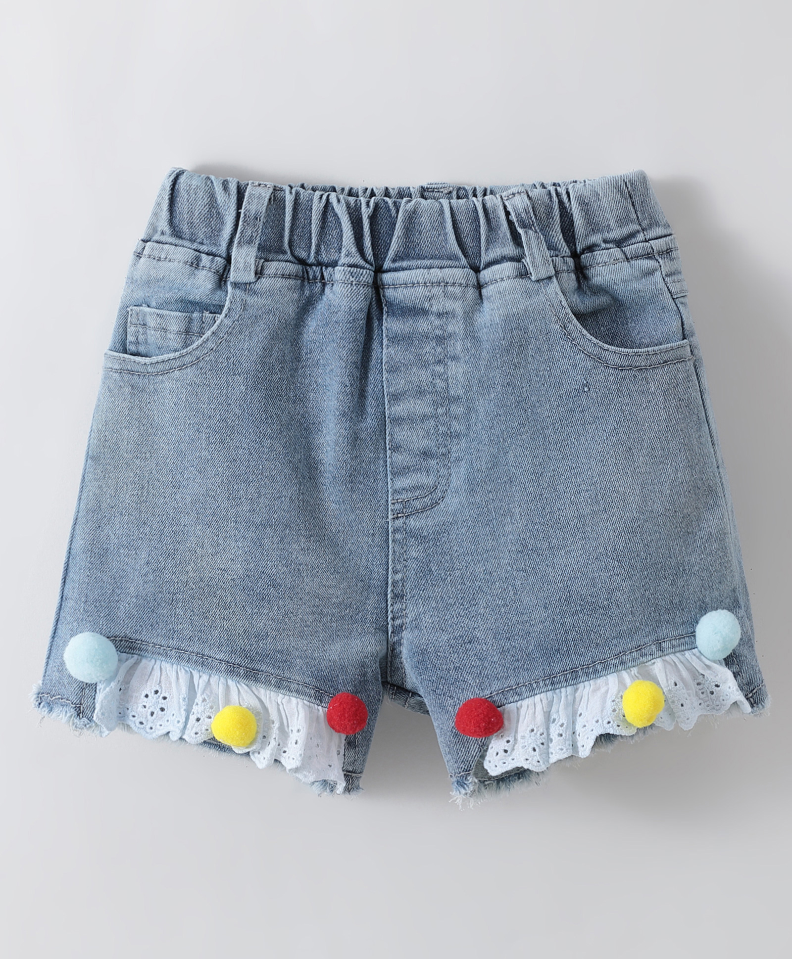 Kookie Kids Denim Washed Shorts with Lace Applique - Blue-picture-24