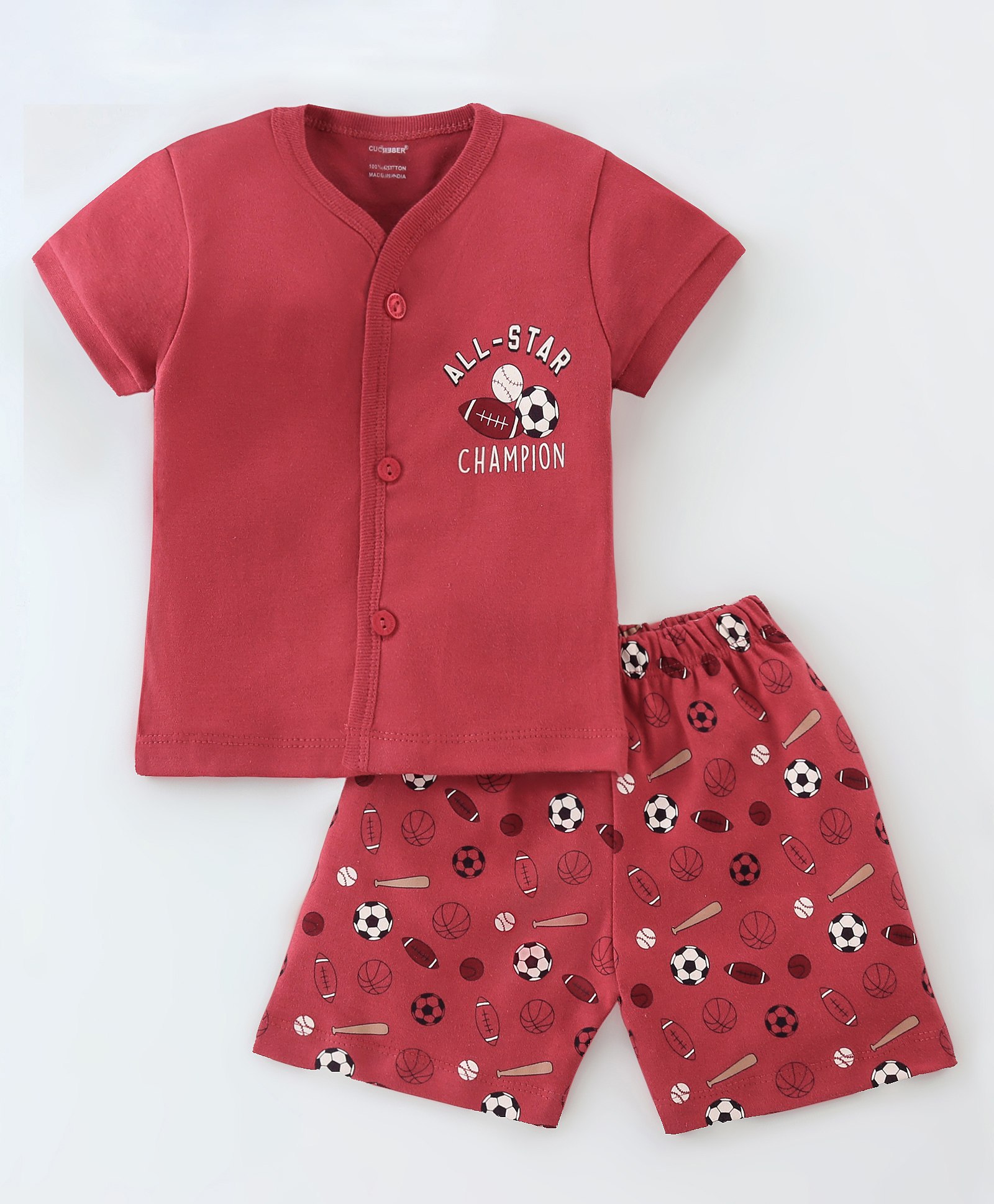 Cucumber Sinker Knit Half Sleeves Night Suit Ball Print -Retro Red-picture-9