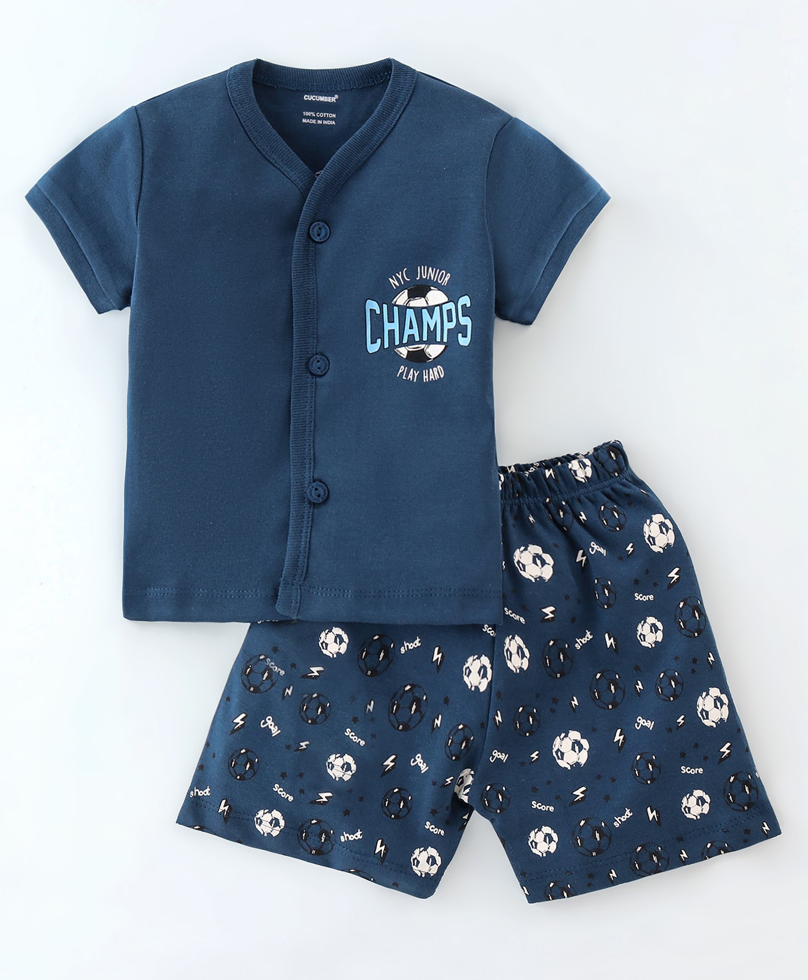Cucumber Sinker Knit Half Sleeves Night Suit Text Print -Midnight Blue-picture-30