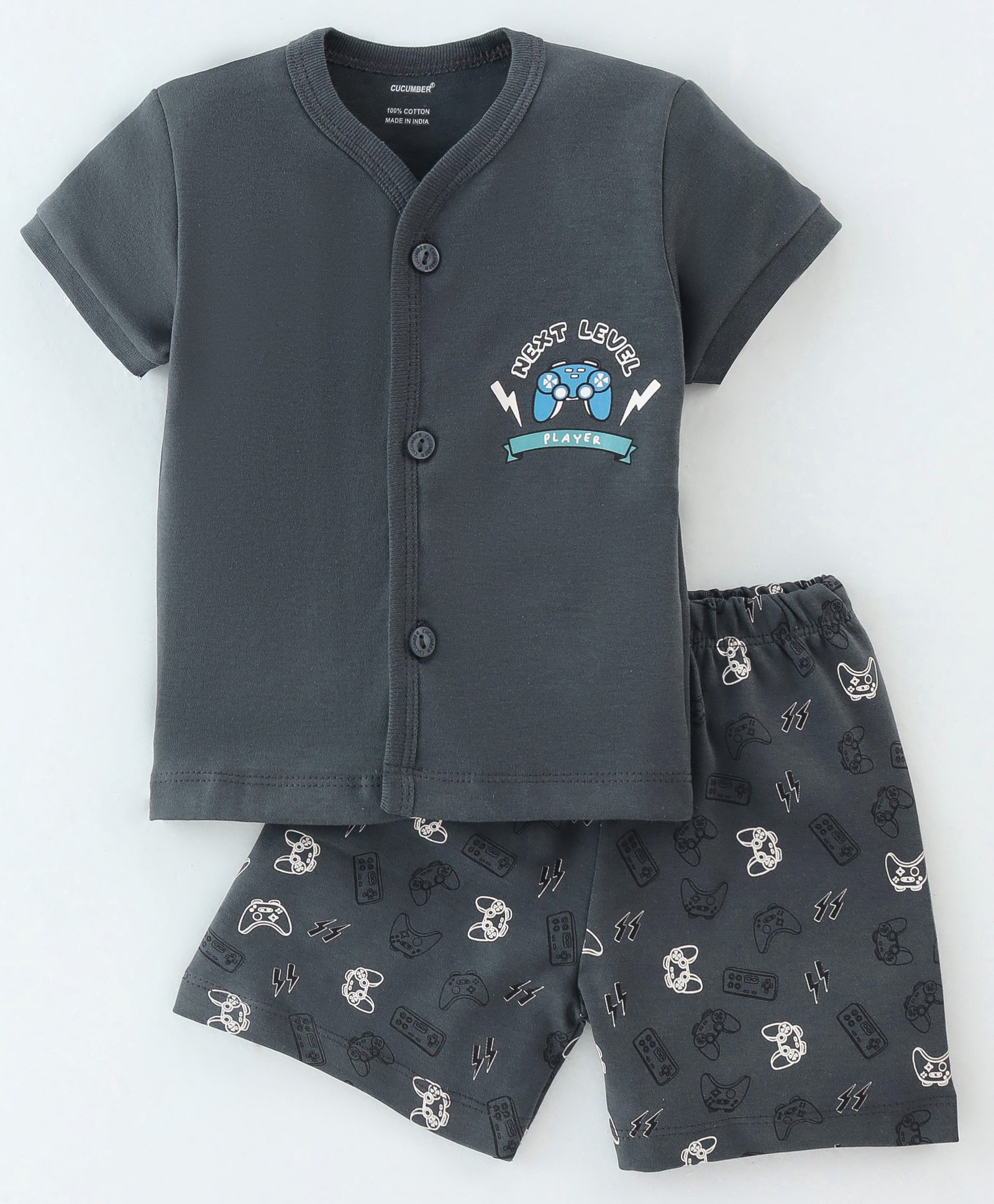 Cucumber Sinker Knit Half Sleeves  Game Controller Print Night Suit  -Carbon-picture-8