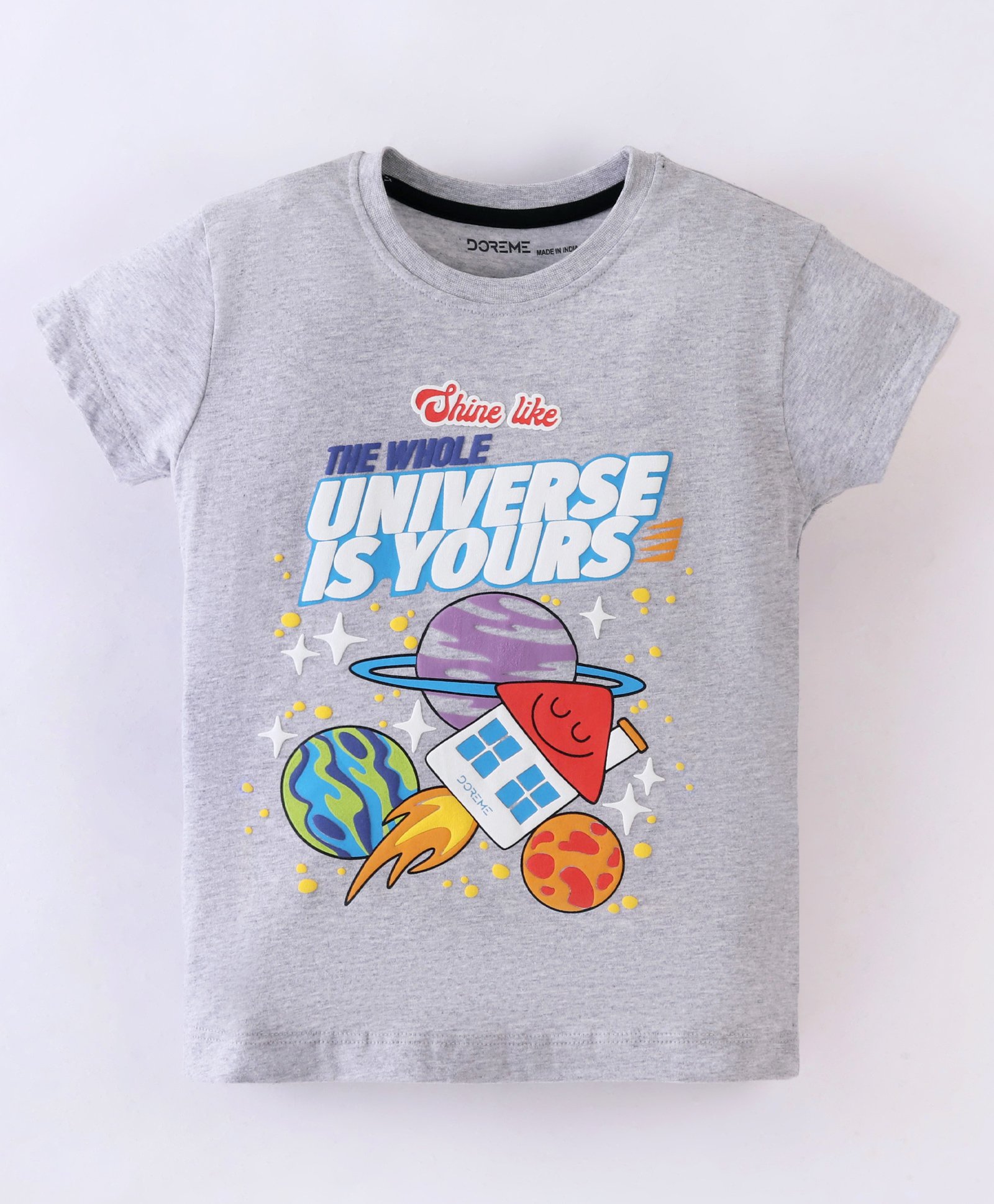 Doreme Cotton Sinker Knit Half Sleeves T-Shirt Space Theme Print - Grey-image-18