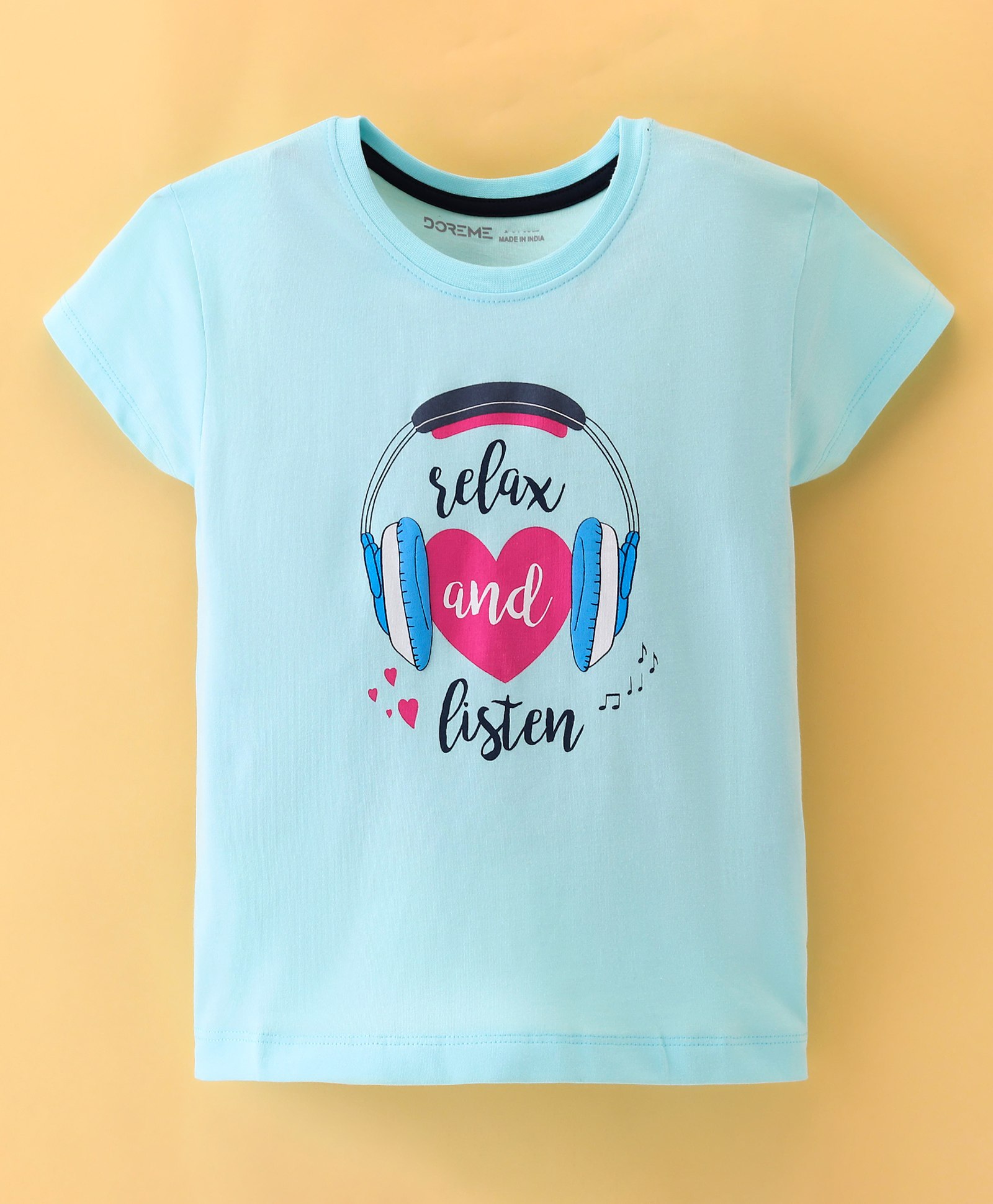 Doreme Cotton Sinker Knit Half Sleeves Top Heart Print - Light Blue-image-27