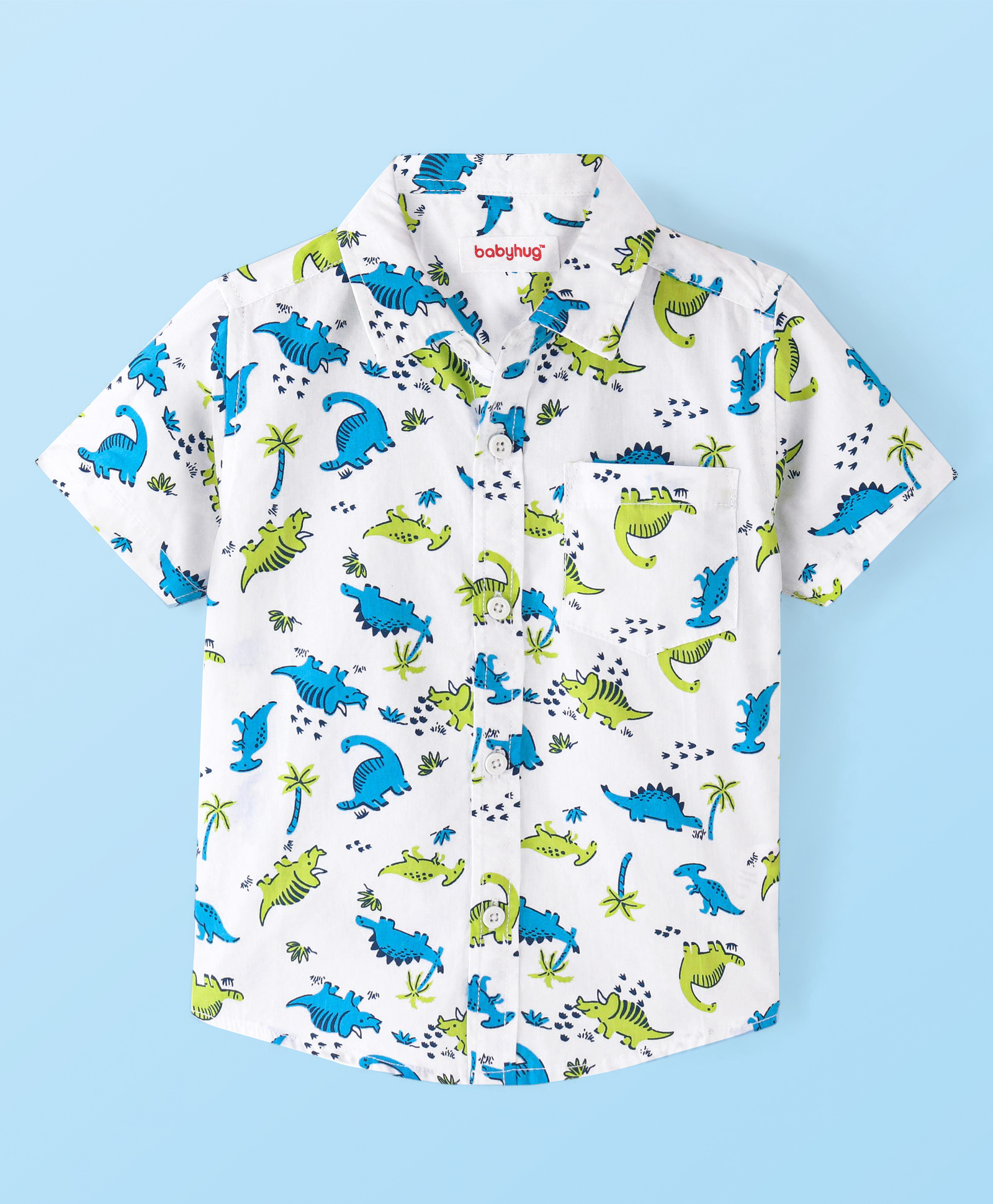 Babyhug Cotton Knit Half Sleeve Regular Collar Shirt Dino Print - White-image-21