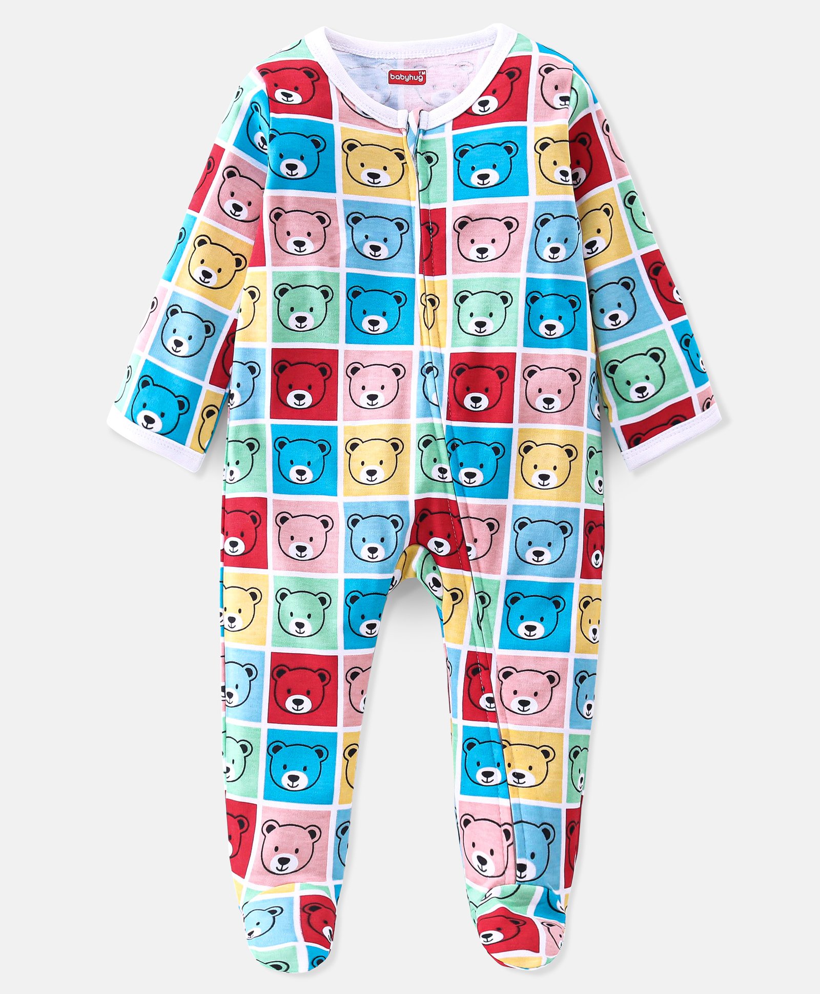 Babyhug Cotton Knit Full Sleeves Footed Sleep Suit With Teddy Print - Pink Red & Blue-image-21