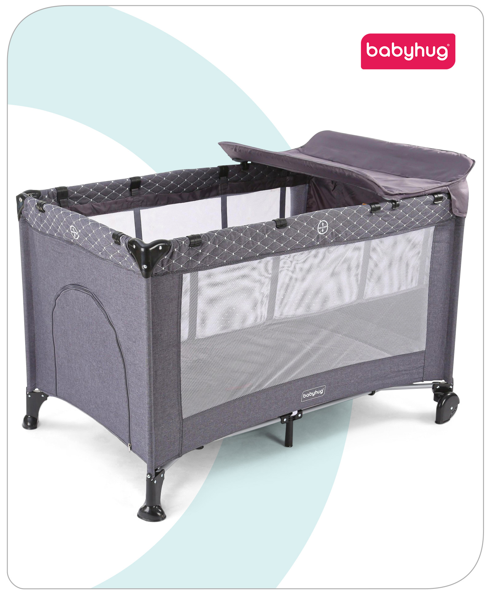Babyhug Bouyant 3 in 1 Playpen cum Cot with Mosquito Net & Quilting Design - Grey