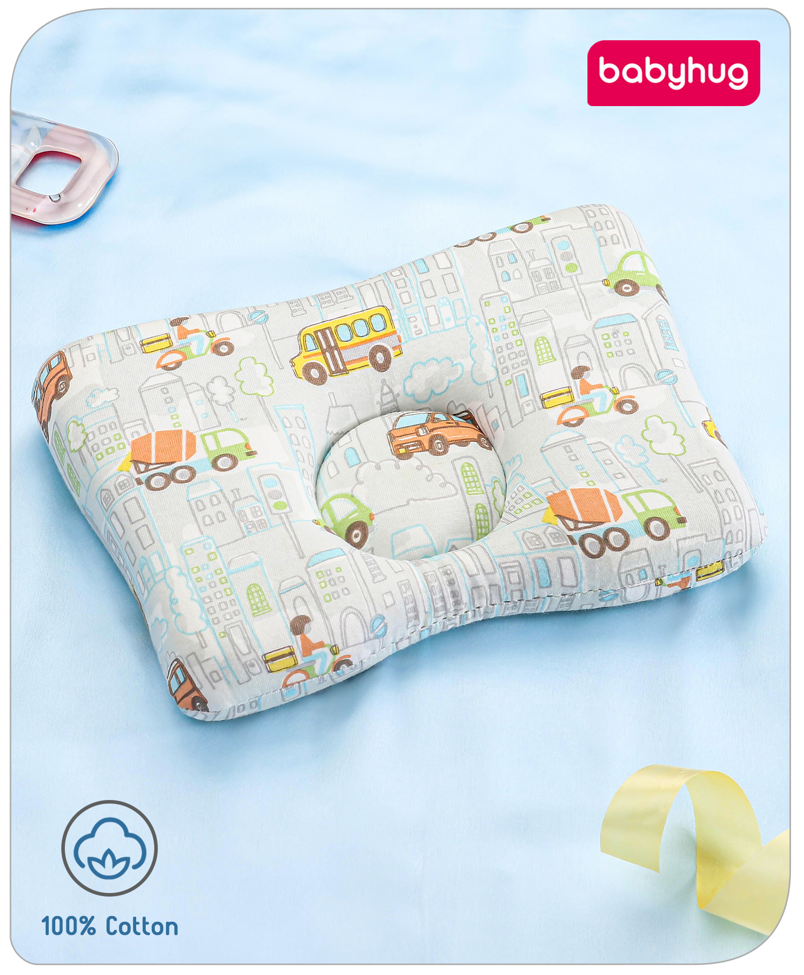 Babyhug Premium Rectangular Memory Foam Head Shaping Baby Pillow Vehicle Theme- Blue-image-23