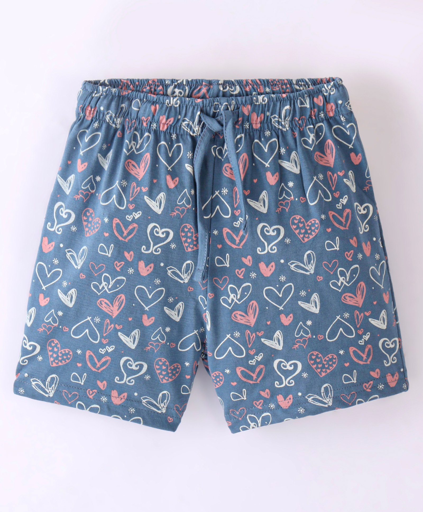 Lazy Bones Cotton Sinker Knit Knee Length Shorts Heart Print - Polo Blue-image-7