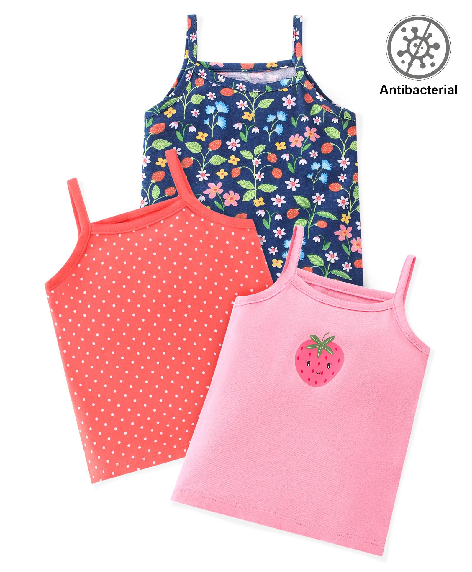 Babyhug 100% Cotton Knit Anti Bacterial Sleeveless Slips Strawberry Floral & Polka DotPrint Pack of 3- Blue Pink & Red