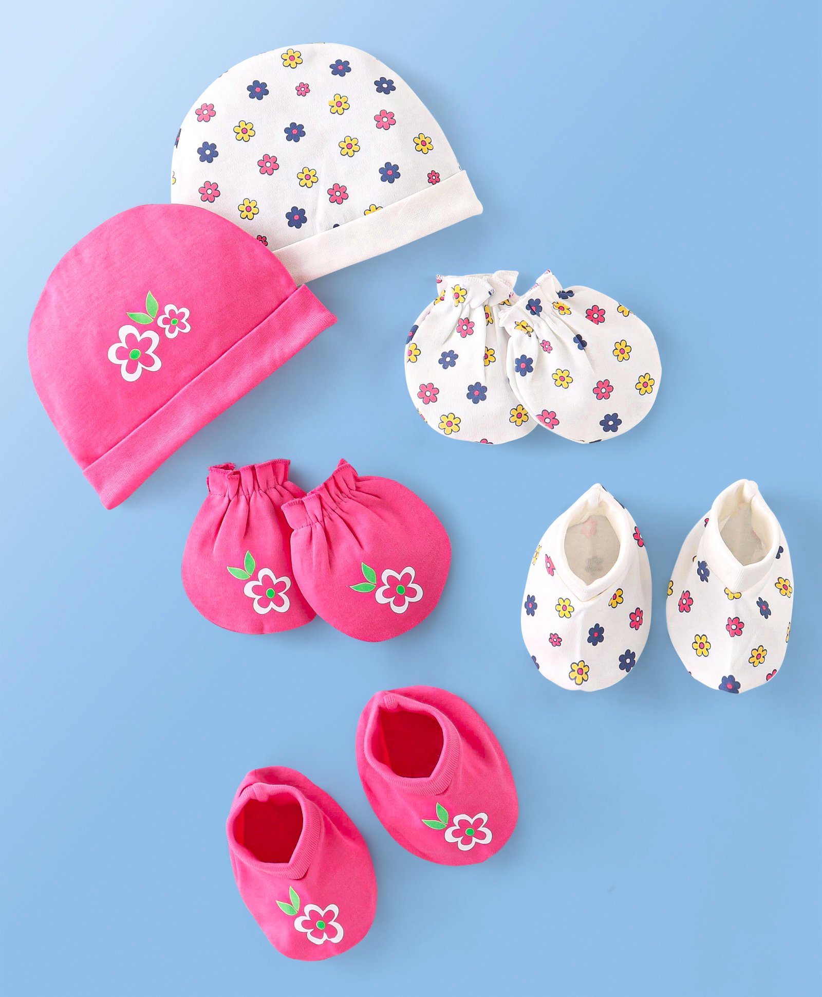 Doodle Poodle 100% Cotton Knit Cap Mittens & Booties Set Floral  Print Pack of 2 Pink & White - Diameter 12 cm-picture-27