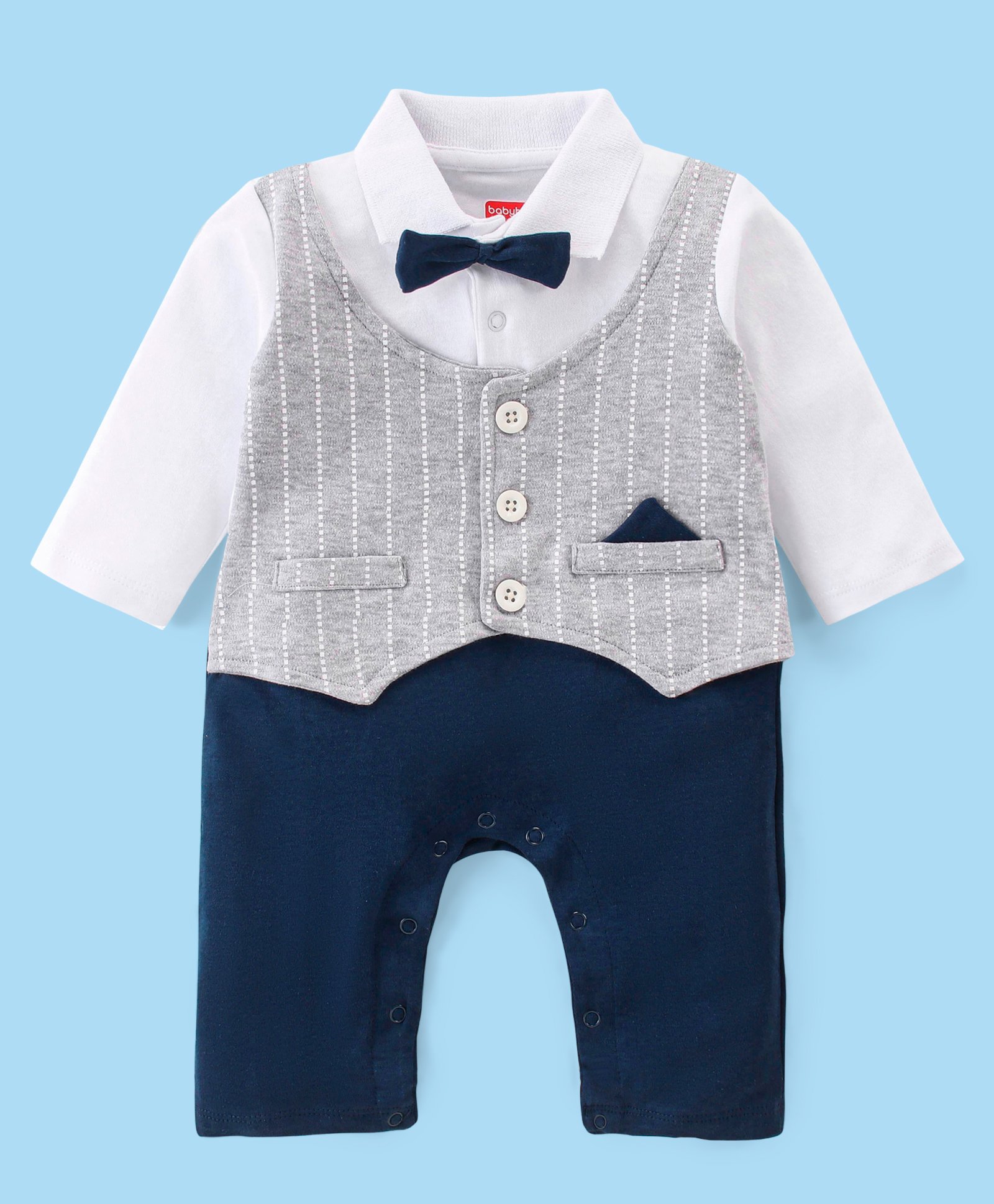 Babyhug Cotton Knit Full Sleeves Party Romper With Stripe  - Navy Blue-image-12