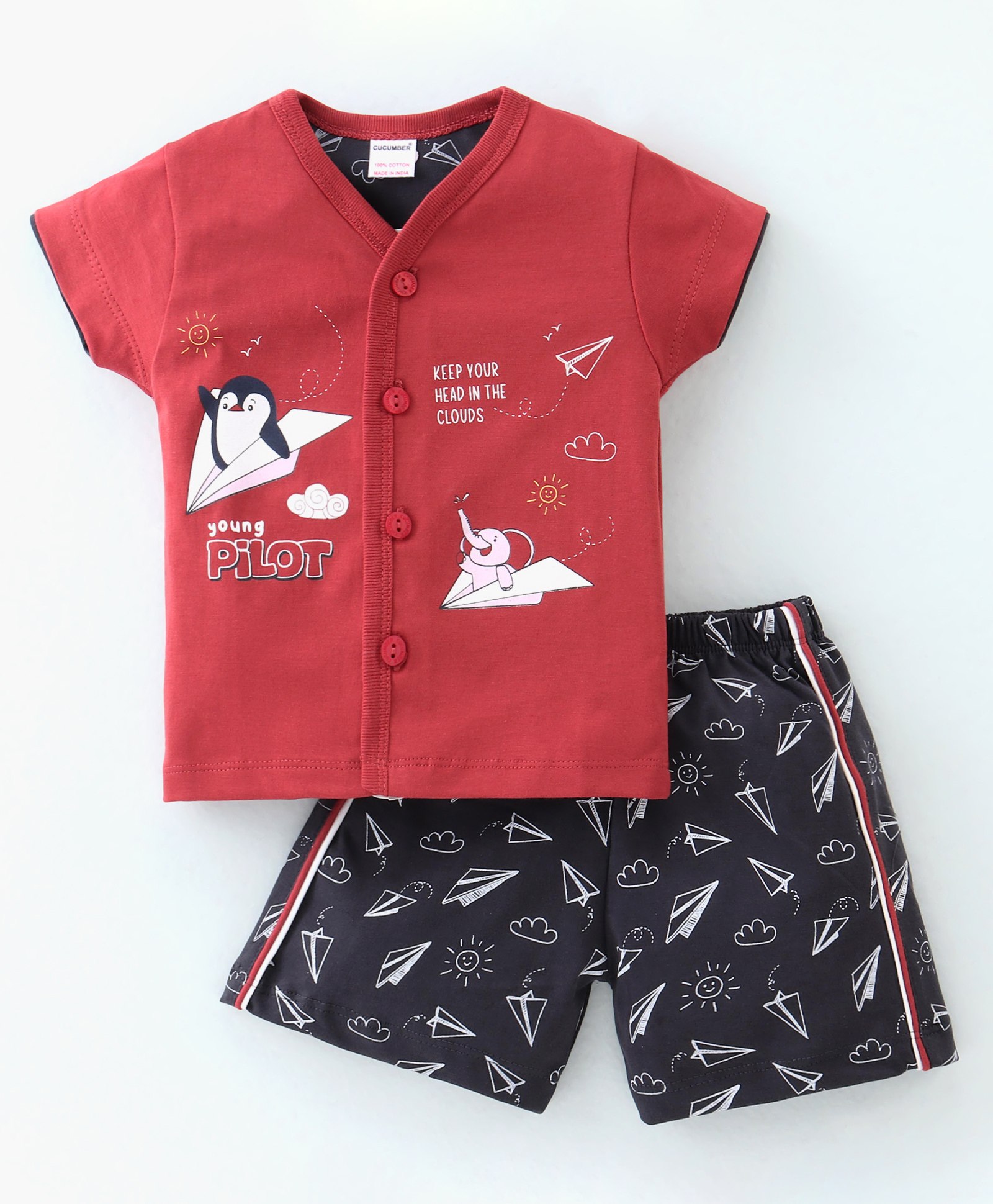 Cucumber Cotton Sinker Knit Half Sleeves Night Suit Penguin Print - Red-picture-48