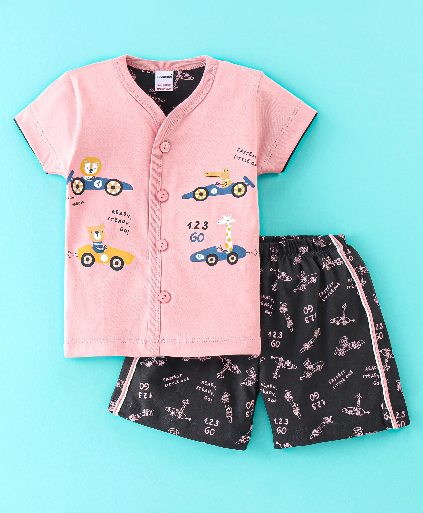 Cucumber Cotton Sinker Knit Half Sleeves Night Suit Race Car Print - Pink & Black-image-19