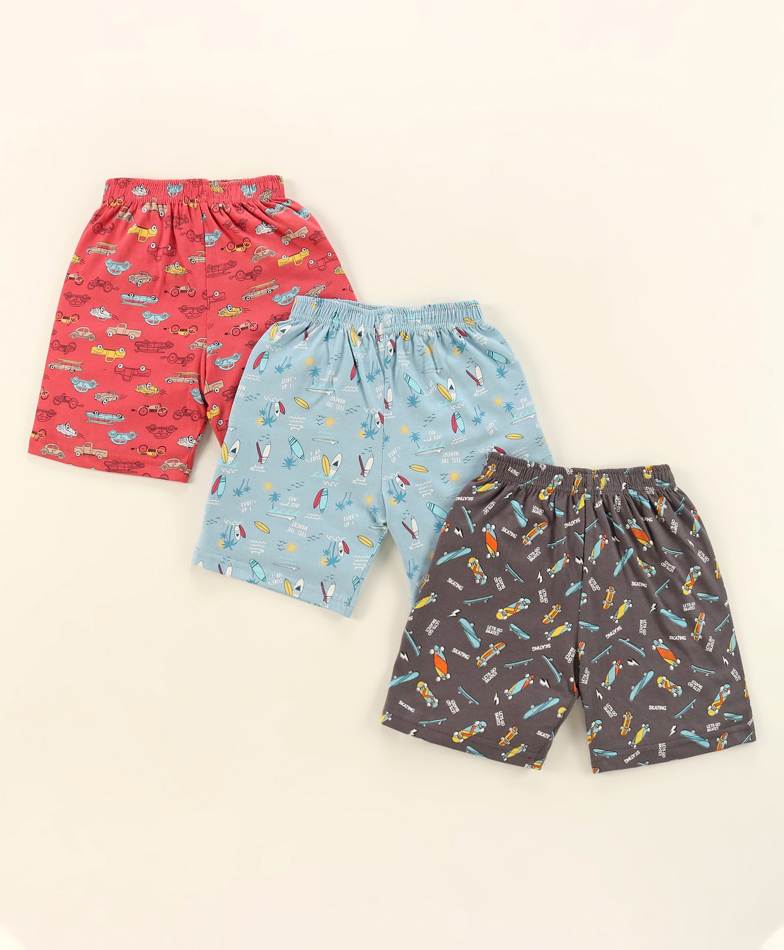 Cucumber Cotton Sinker Knit Knee Length Shorts Car Print Pack of 3 - Grey Pink & Blue-picture-25