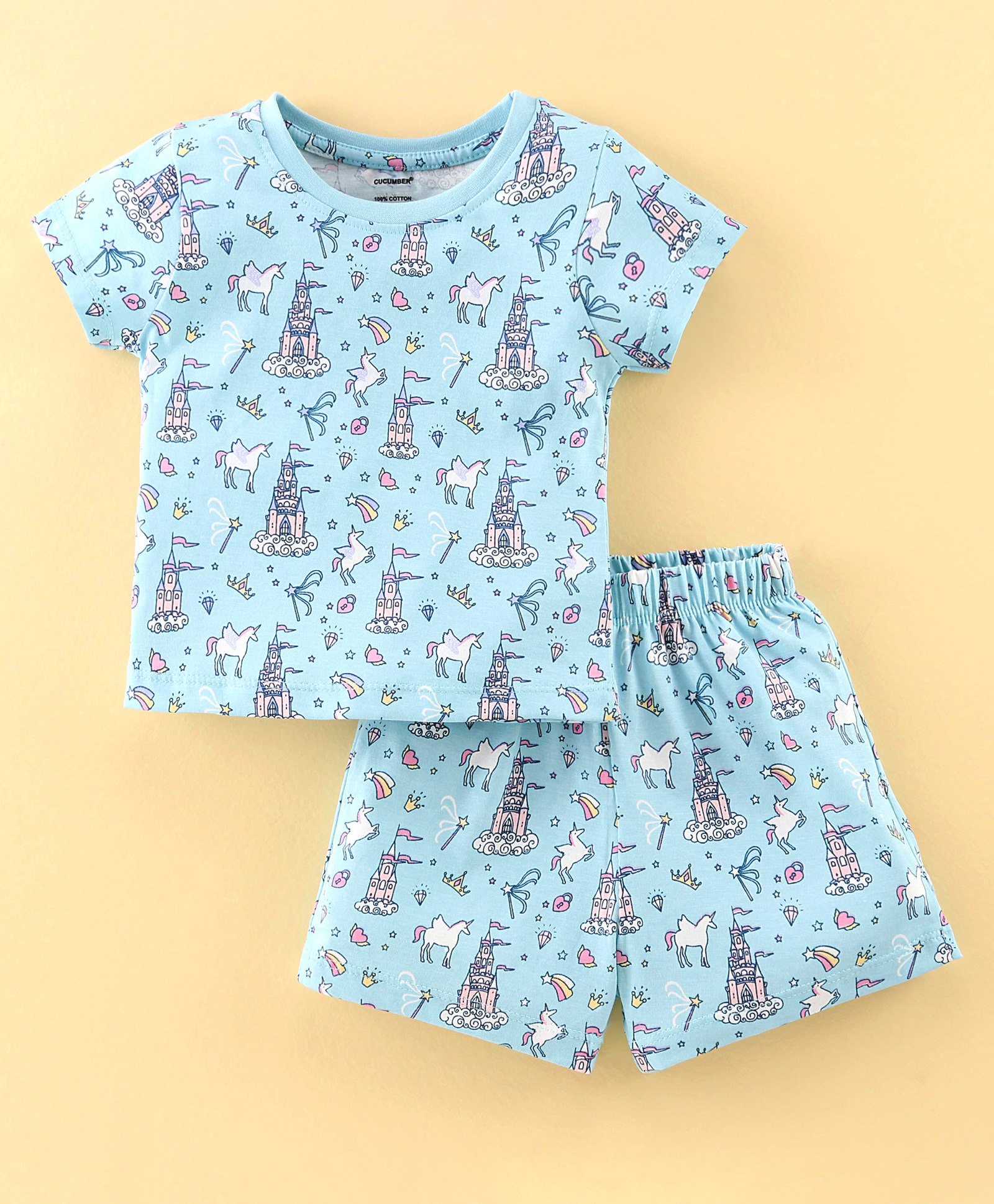 Cucumber Cotton Sinker Knit Half Sleeves Night Suit Unicorn Print - Surf Blue-image-9