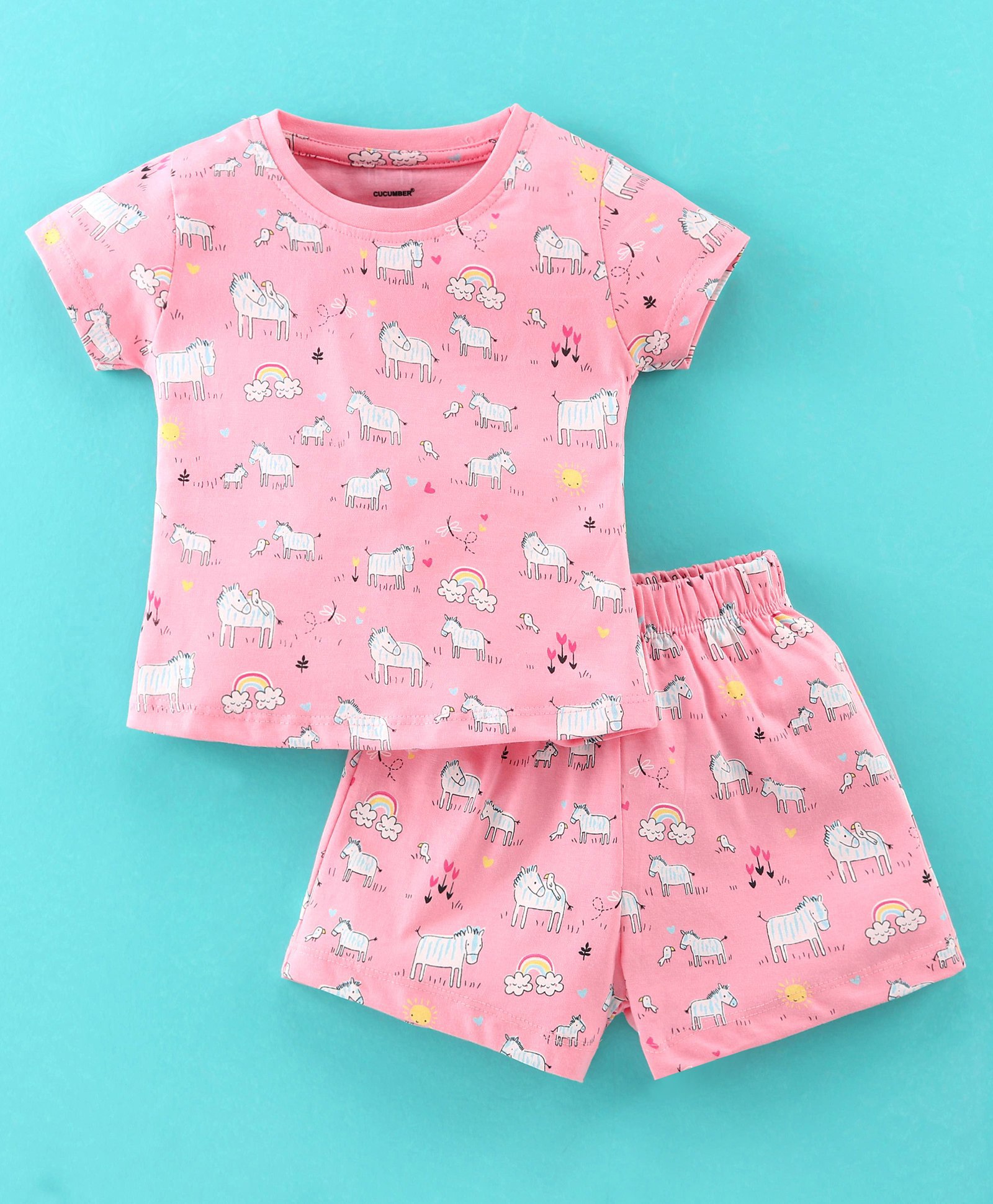 Cucumber Cotton Sinker Knit Half Sleeves Night Suit Horse Print - Baby Pink-image-39