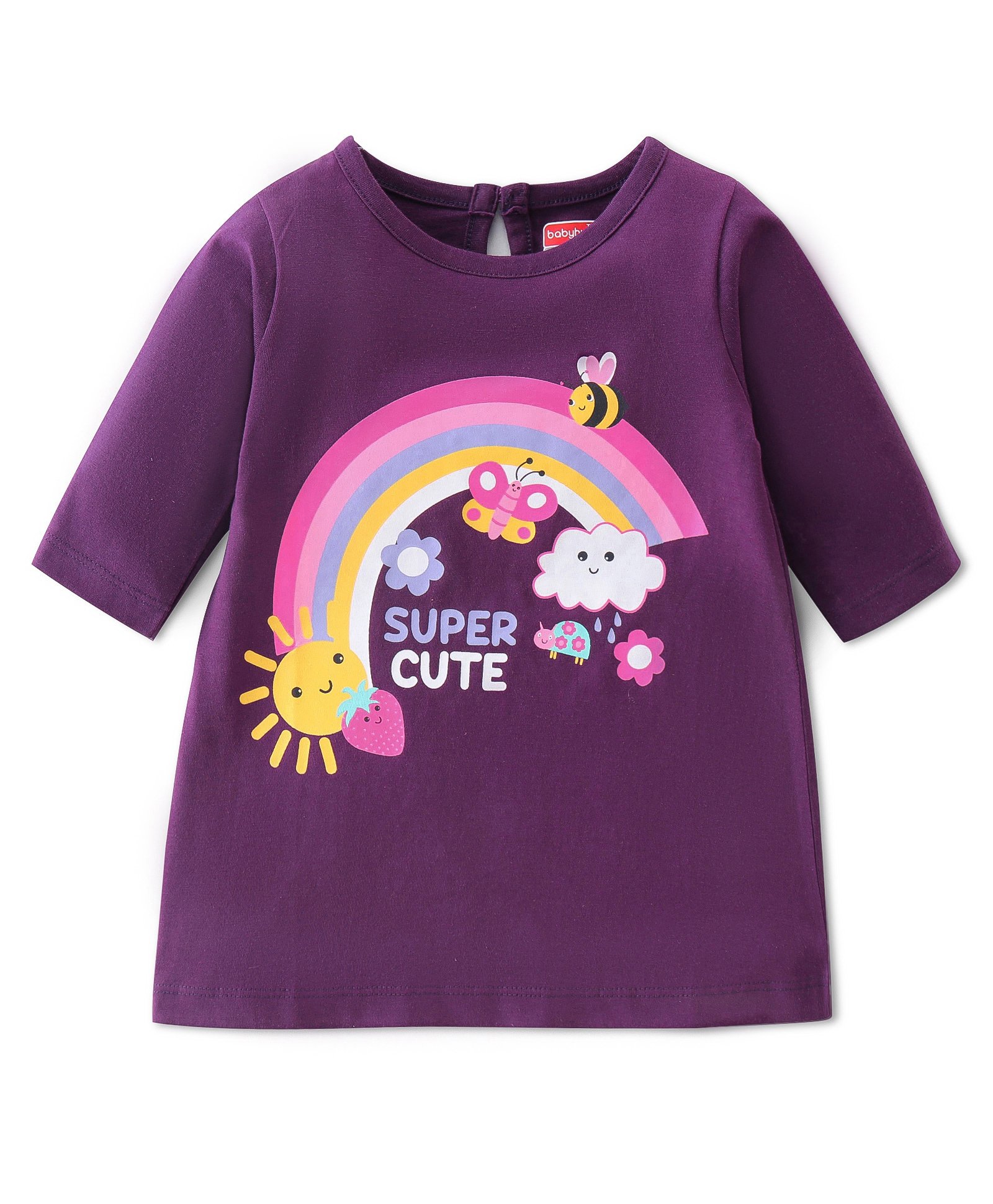 Babyhug Cotton Knit Three Fourth Sleeves Baby Gown With Rainbow & Butterfly Print - Purple-image-24