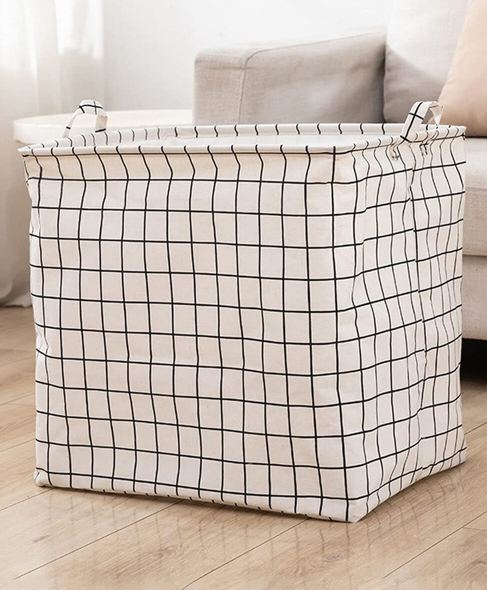 House of Quirk Square Storage Baskets Waterproof Canvas Children Laundry Nursery Hamper - Wihte Check-picture-50