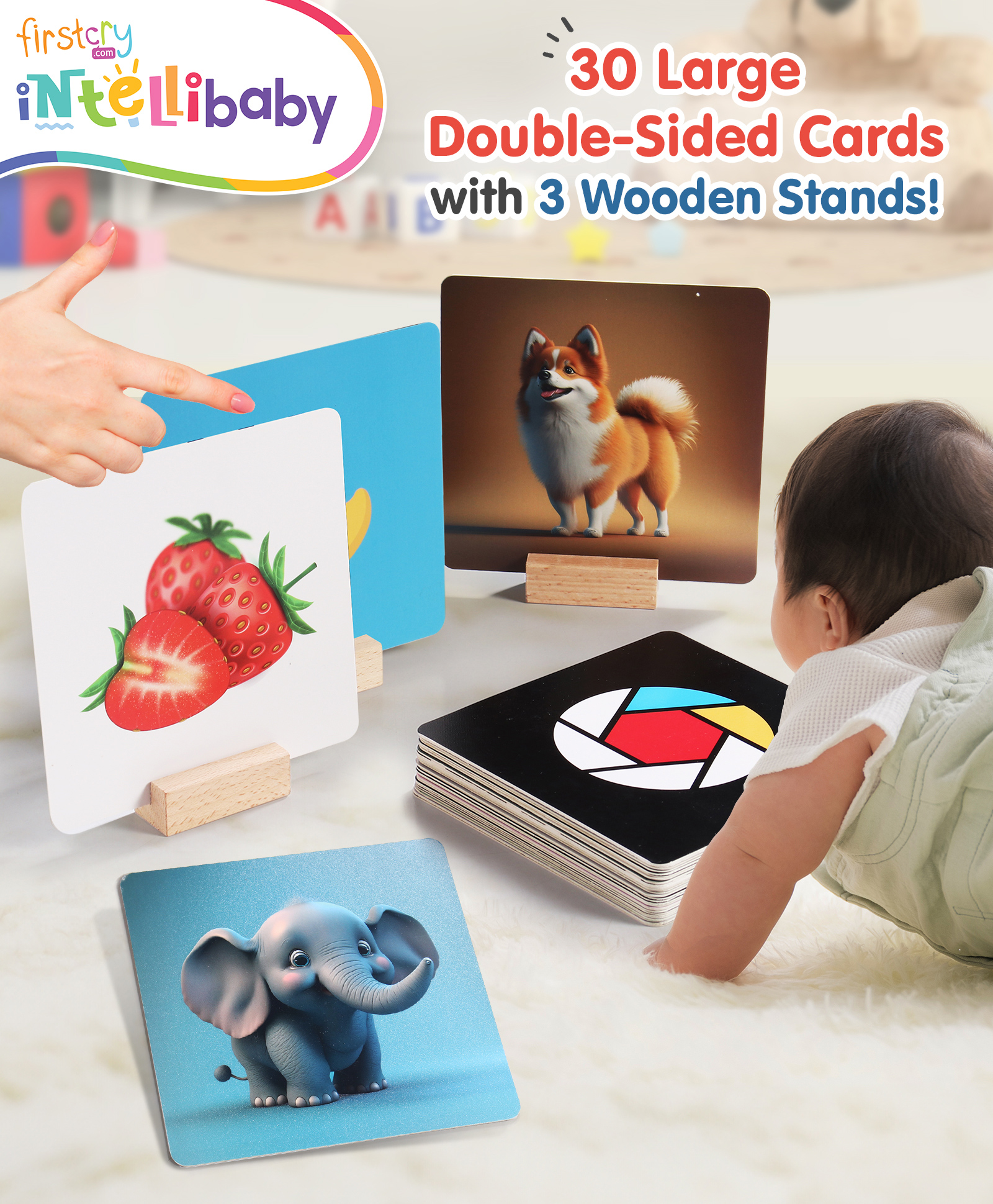 Intellibaby Large High Contrast Premium 4 level B&W/Colour|3 Wooden Stands,60 Visuals|Non Toxic|Anti Glare|Tummy Time Play|Visual Stimulation|Paediatrician Approved