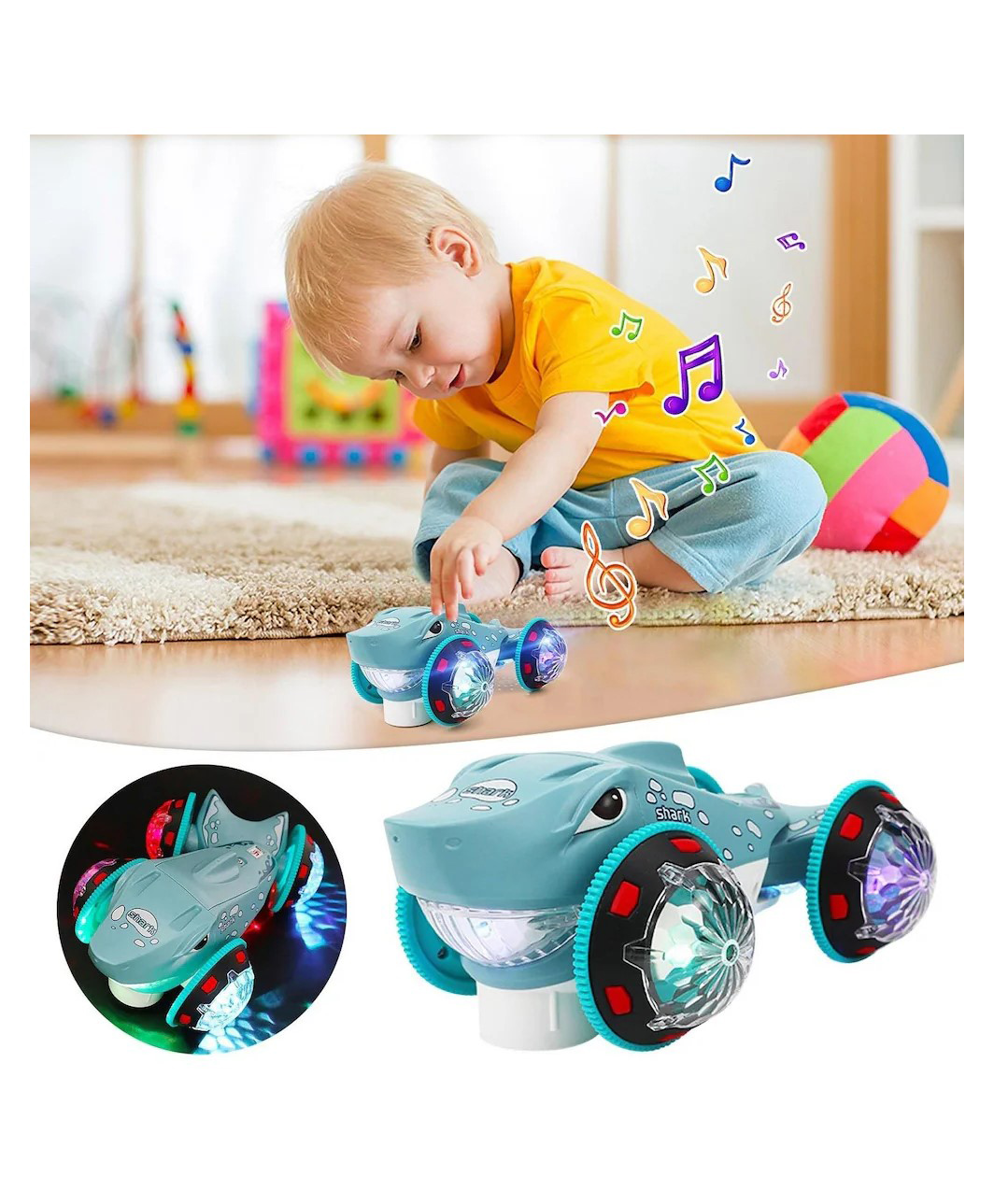 YAMAMA Stunt Shark Musical Toy For Kids With 360 Degree Universal Rotating Wheel Flashing Lights And Music For Kids - Multicolor-image-30