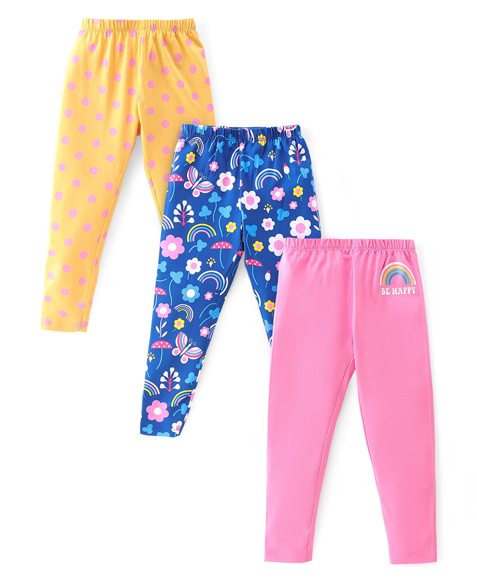 Babyhug Cotton Lycra Knit Full Length Leggings Floral Solid  & Polka Dot Print Pack of 3- Red Yellow & Pink-picture-10