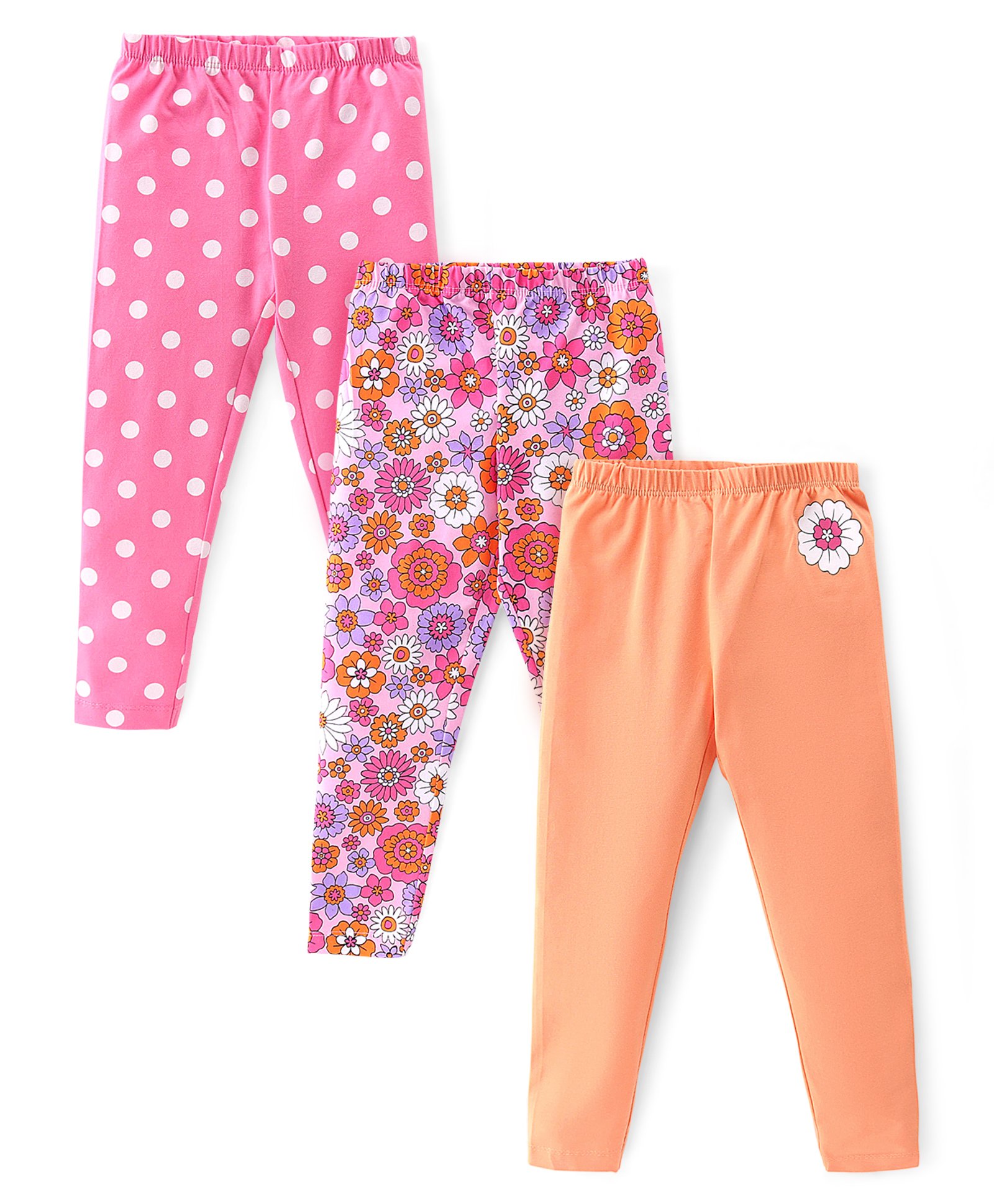 Babyhug Cotton Lycra Knit Full Length Leggings Floral Solid & Polka Dot Print Pack of 3- Multicolour-image-27