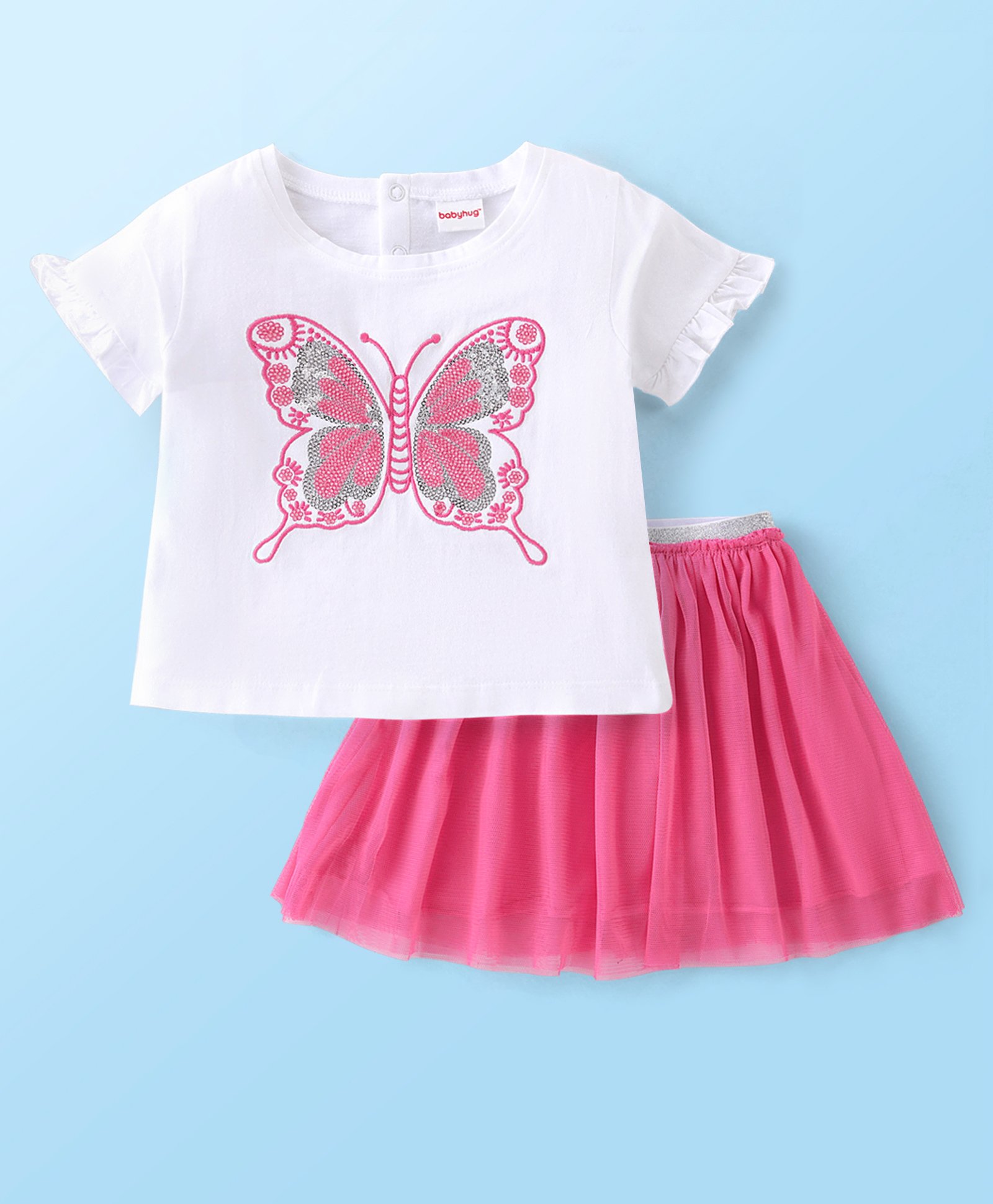 Babyhug Cotton Knit Half Sleeves Top and Skirt with Butterfly Embroidered - White & Pink-image-45