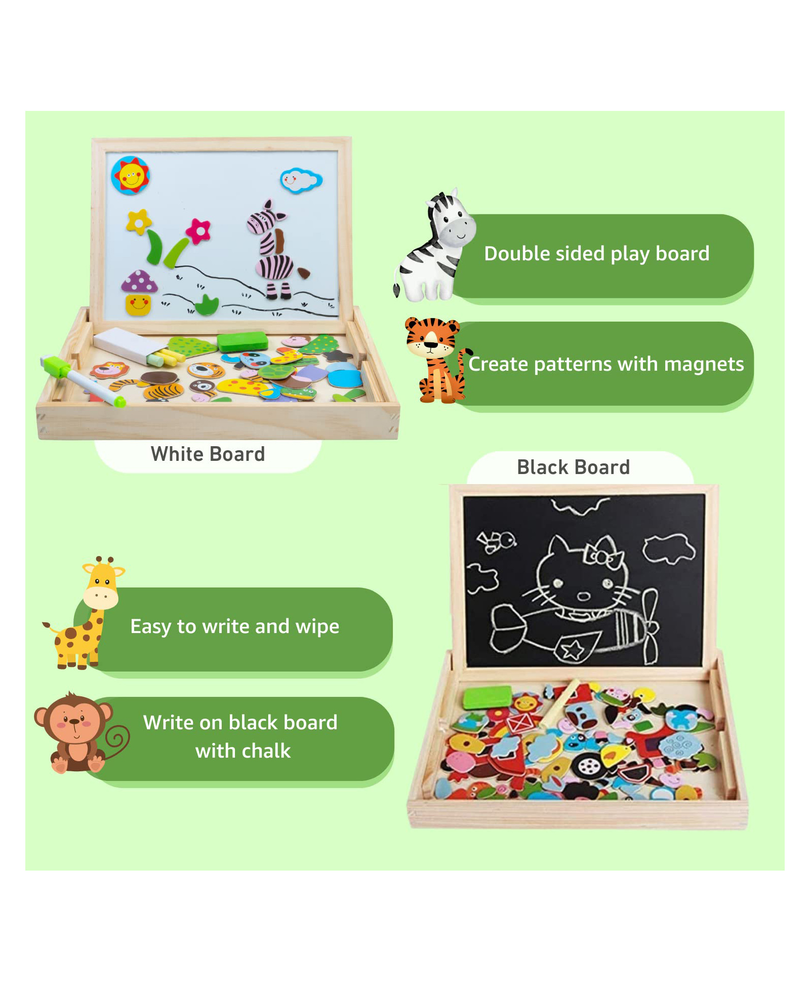 Azhari 6807 Double-Sided 2 in 1 Board Educational Learning Board Multipurpose Double-Sided  Magnetic Wooden Puzzle Writing Puzzle White and Black Board-image-27