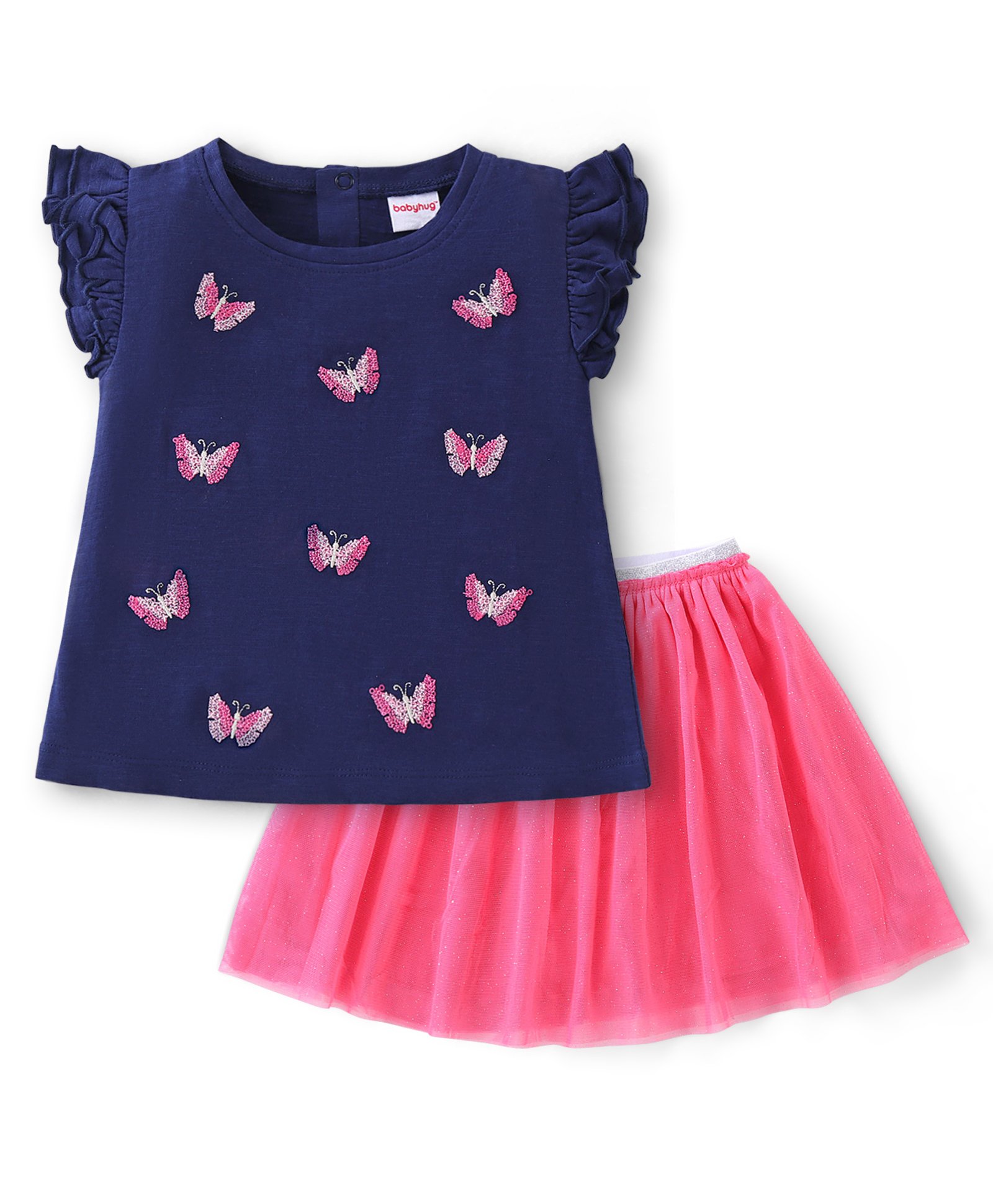 Babyhug Cotton Knit Half Sleeves Top & Skirt Butterfly Embroidered - Pink & Navy Blue-image-2