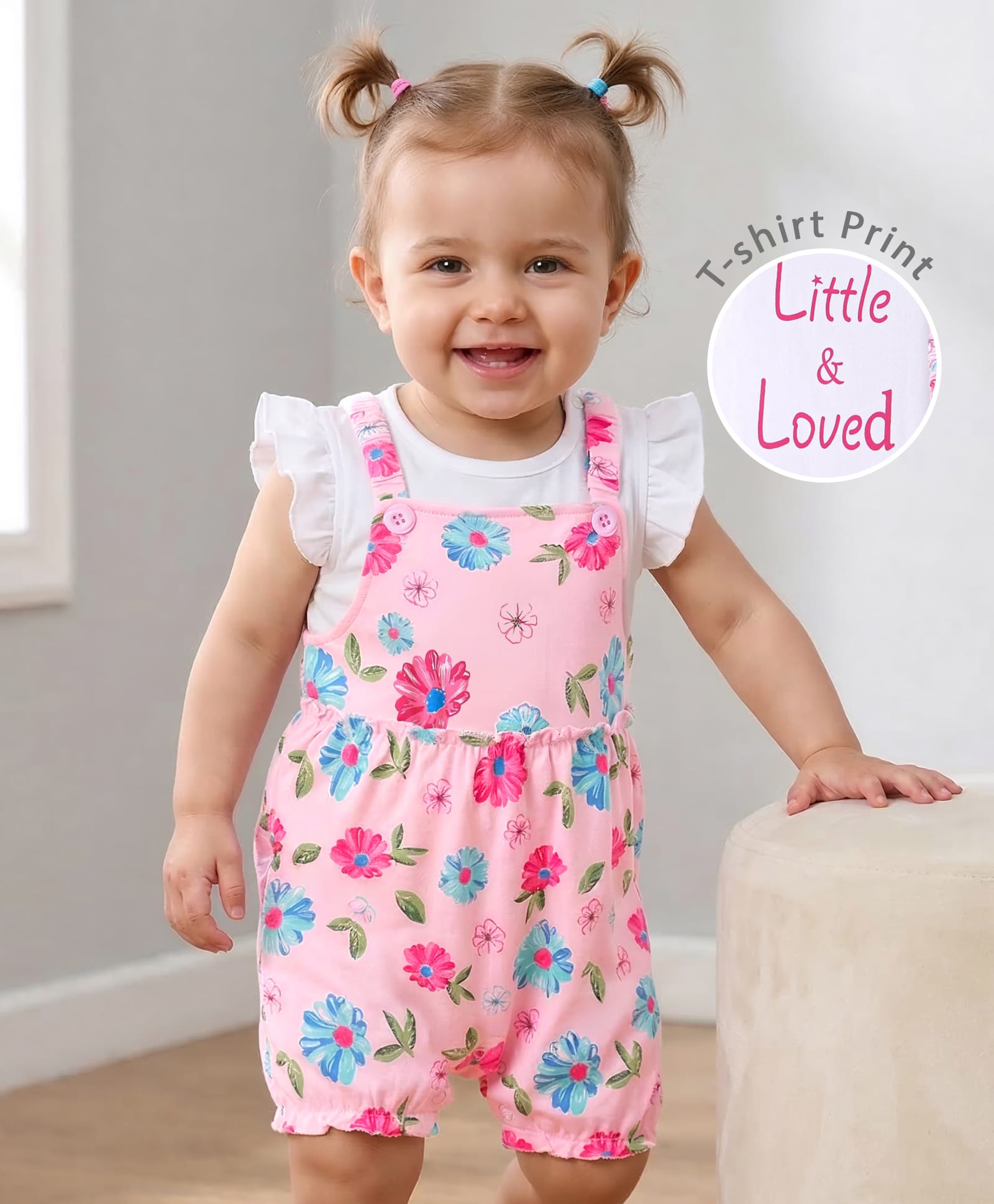 Babyoye Eco Conscious 100% Cotton with Eco Jiva Finish Floral Printed Dungaree with Sleeveless Inner Tee - Pink & White-image-10